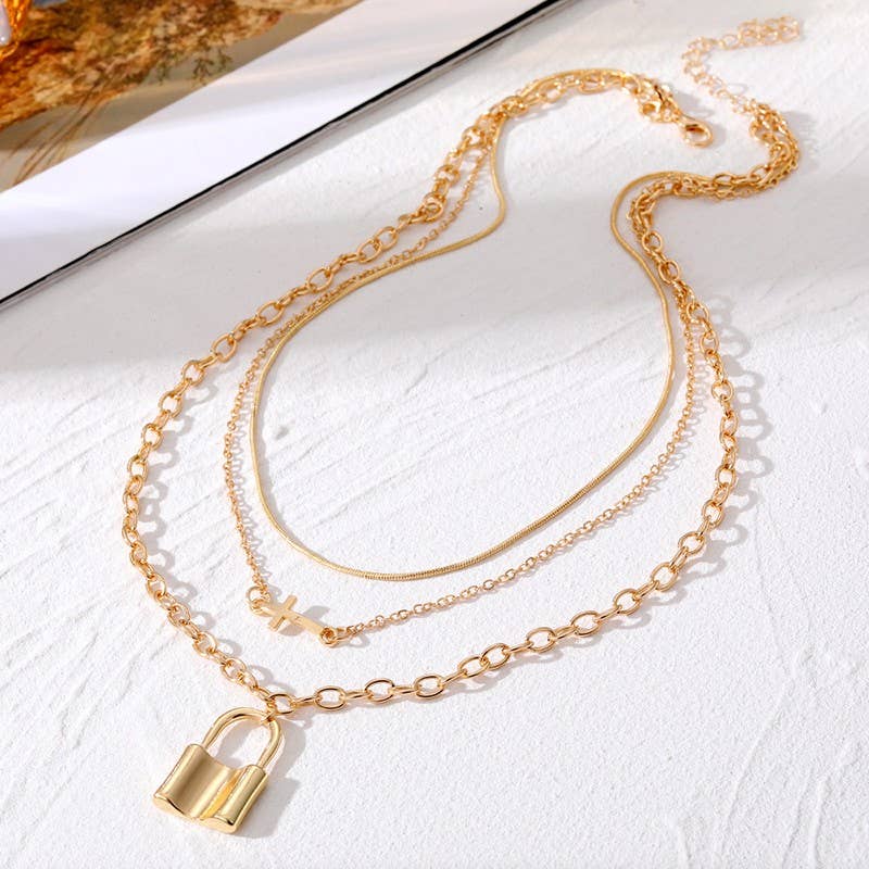 Gold Layered Cross Lock Necklace