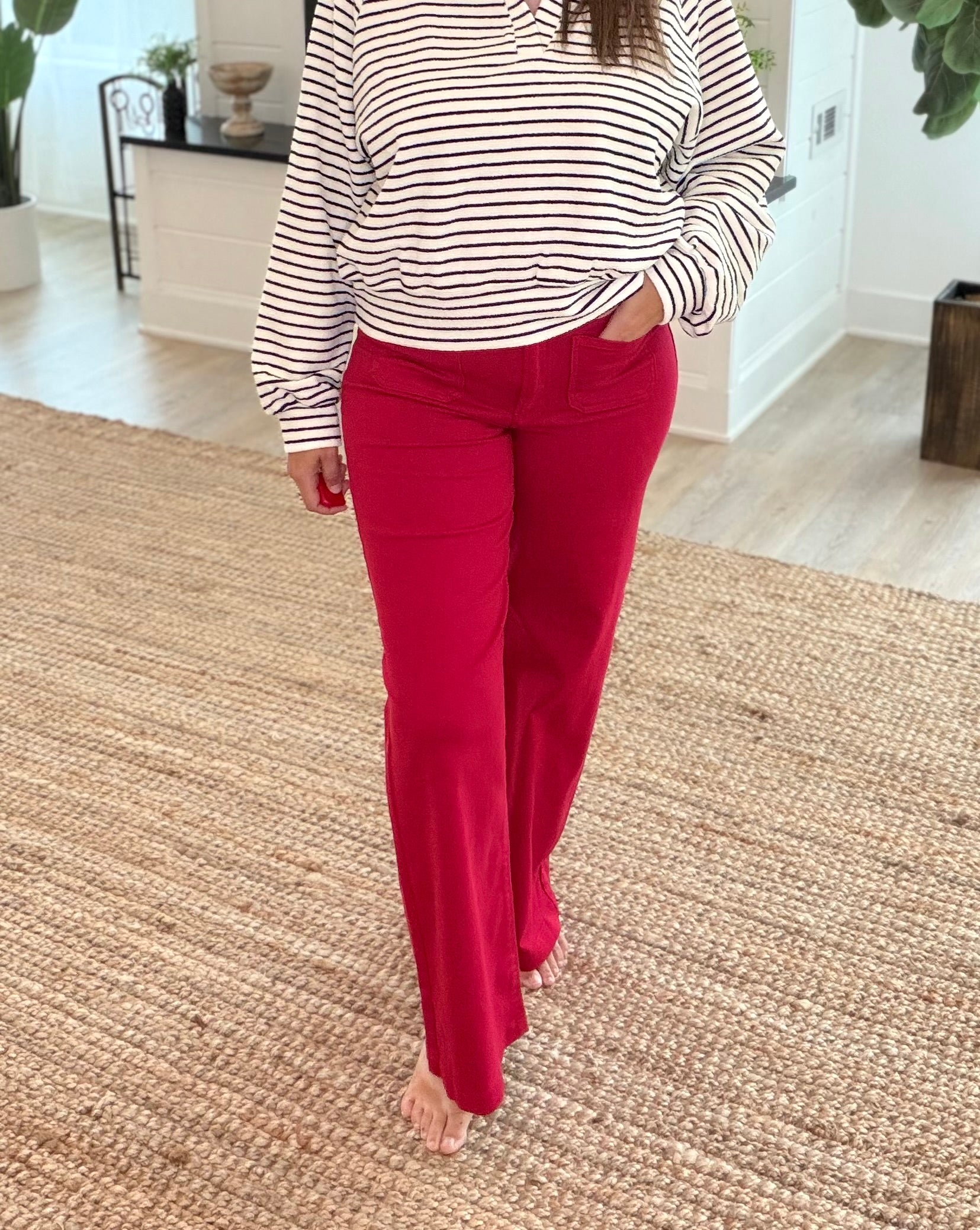 Dark Red Wide Leg Denim Jeans