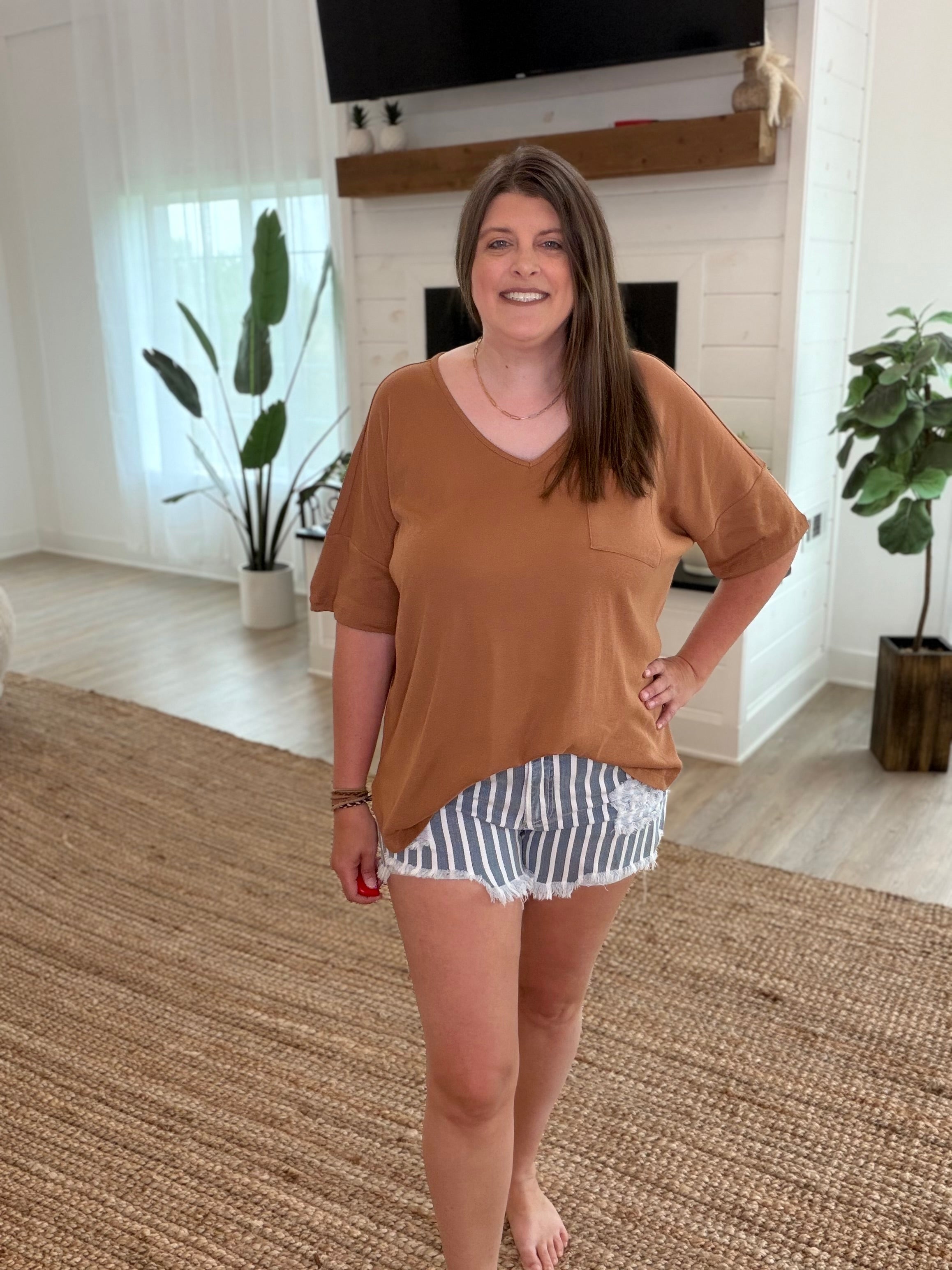 Honey Brown Oversized V-Neck Top