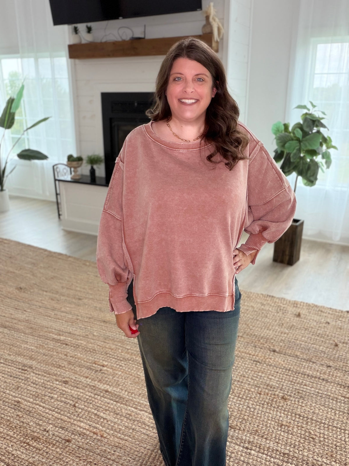 Rust Acid Washed Batwing Sleeve Hi-Low Fleece Sweatshirt