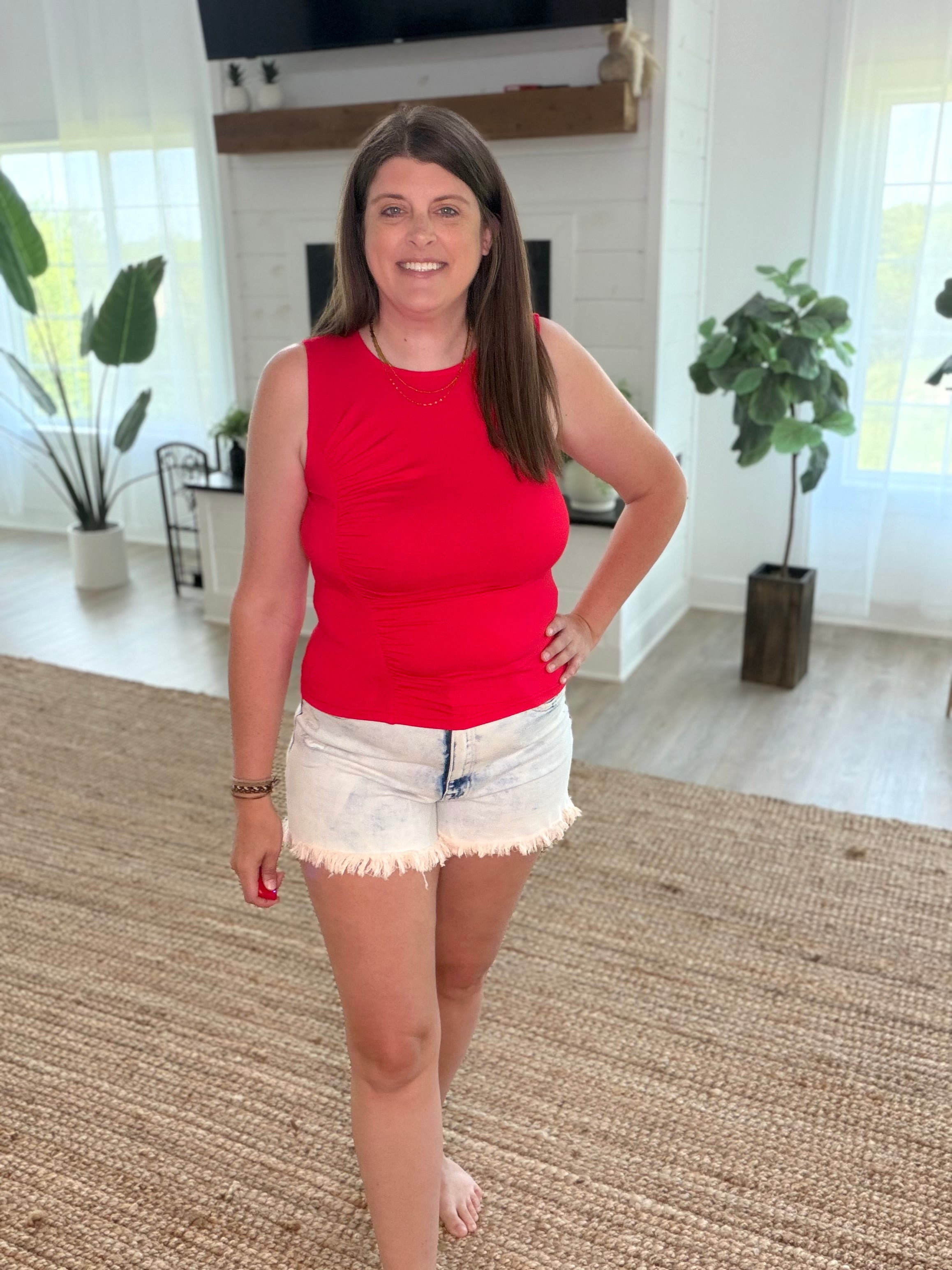 Red Ruched Side Sleeveless Knit Top