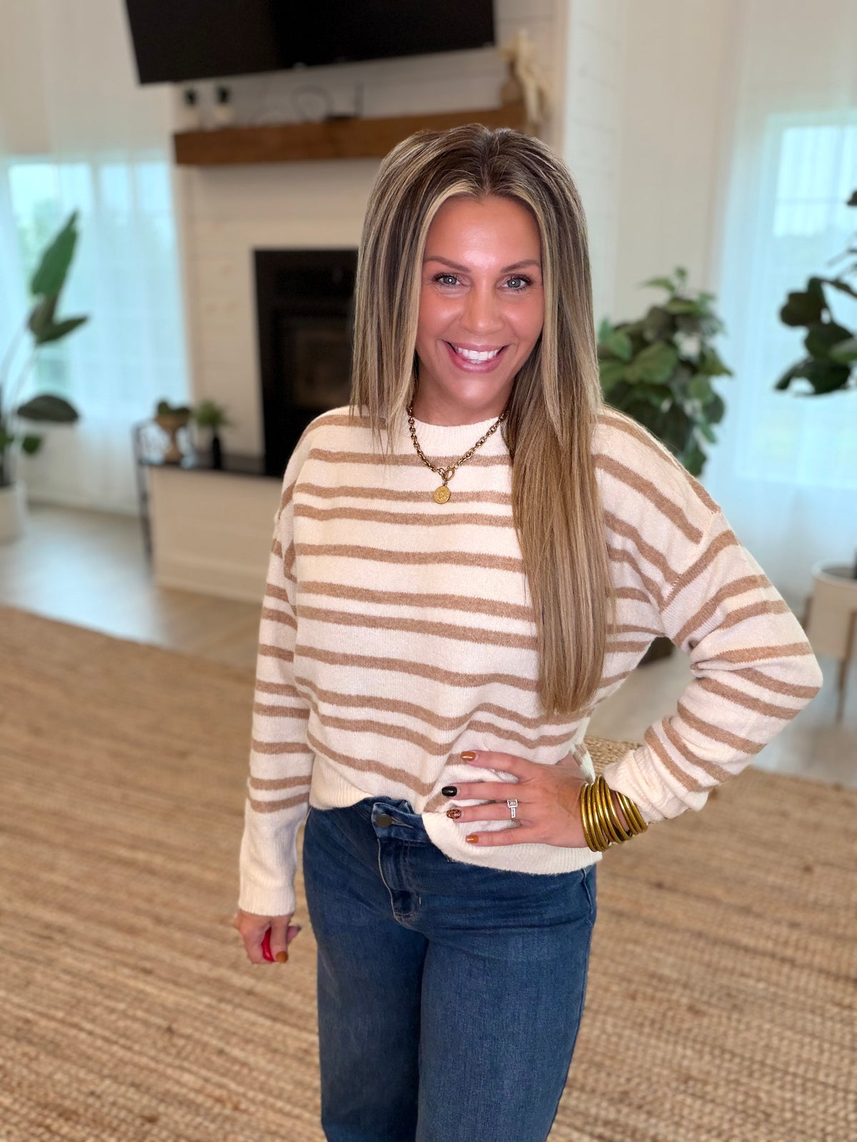 Taupe Striped Crew Neck Sweater
