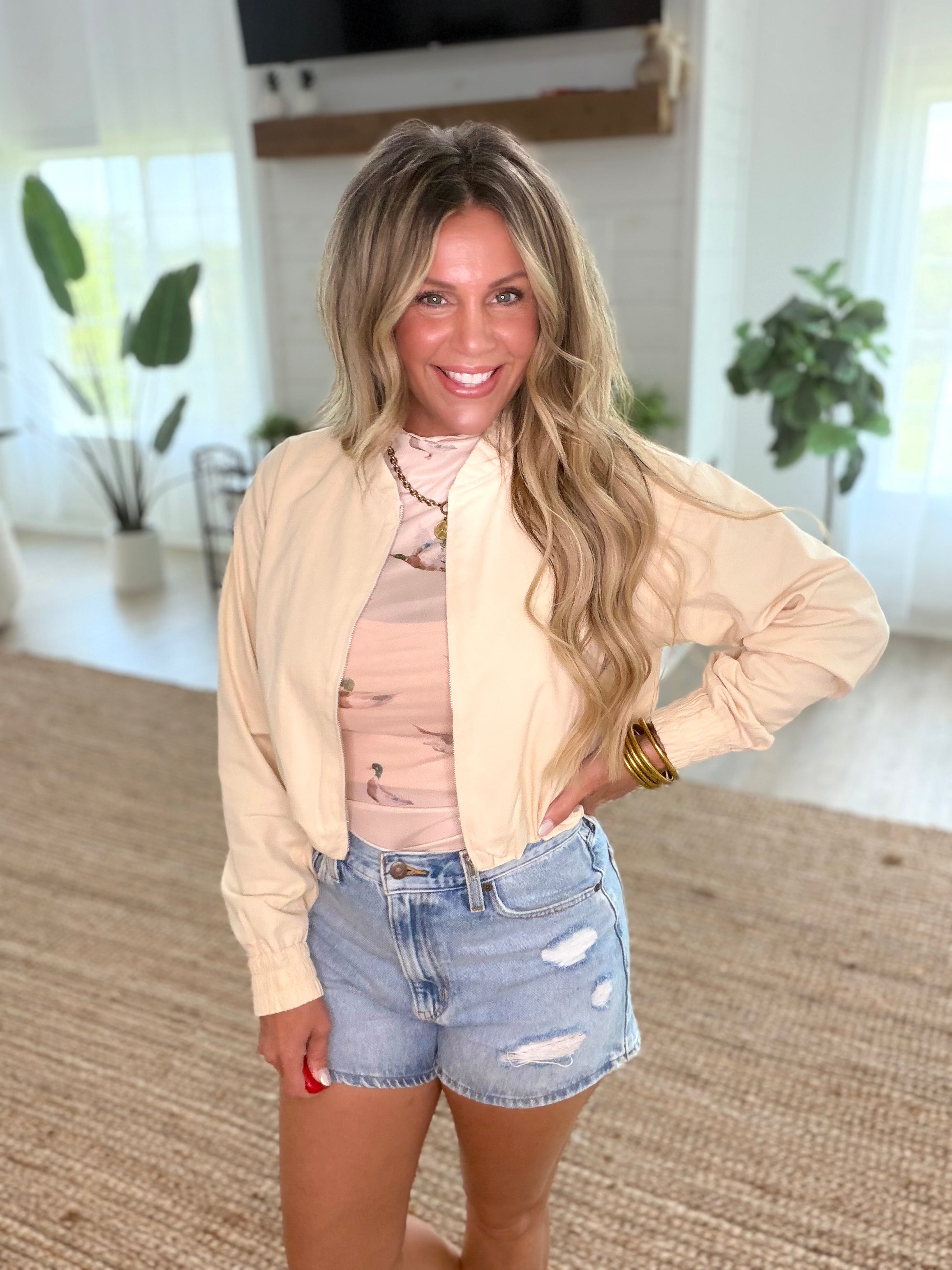 Cream Bubble Hem Bomber Jacket
