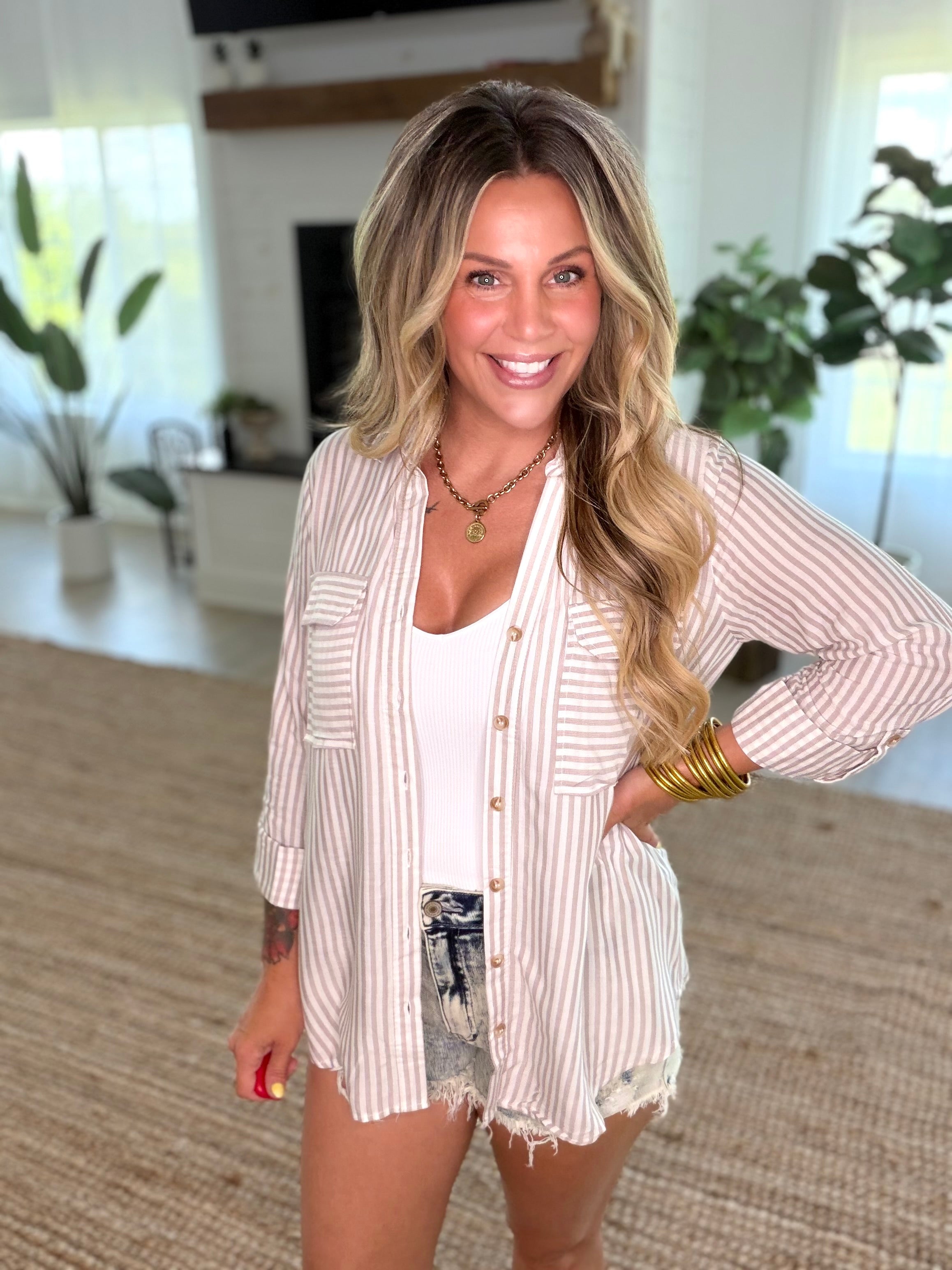 Light Mocha Stripe Collard Button Down Lightweight Shirt