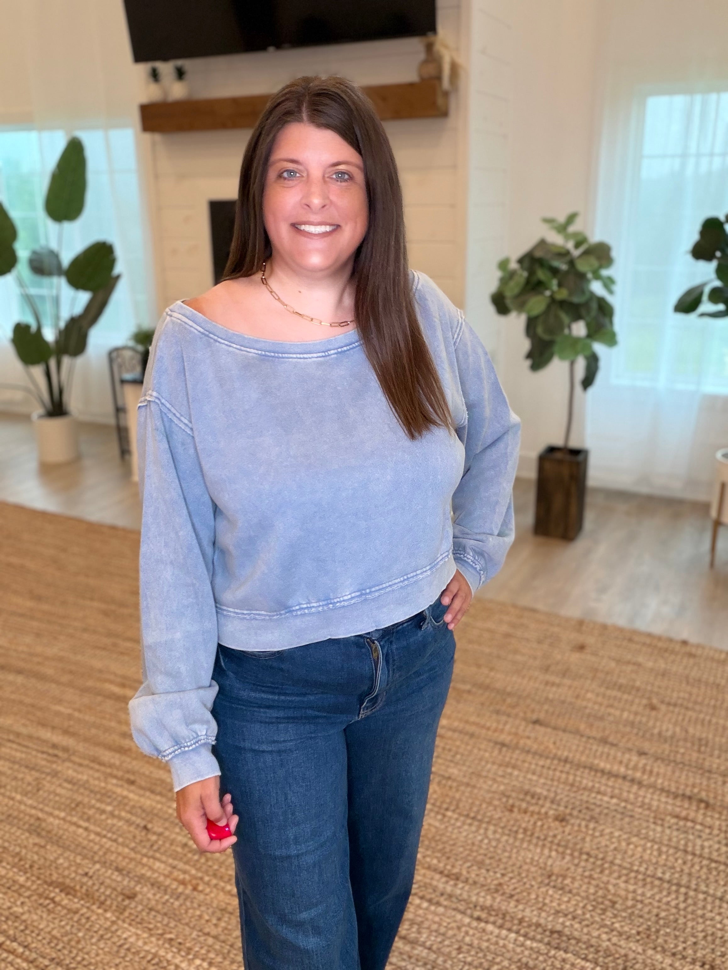 Dusty Blue Raw Edge Acid Wash Off The Shoulder Sweatshirt