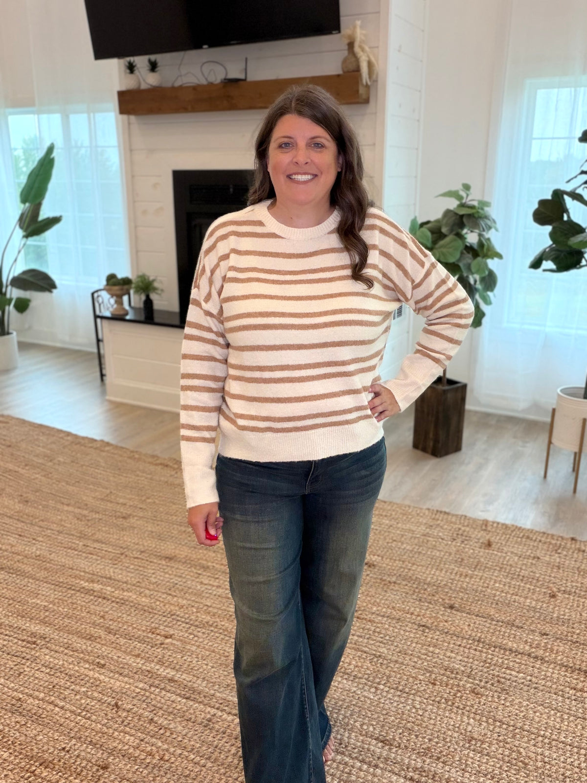 Taupe Striped Crew Neck Sweater