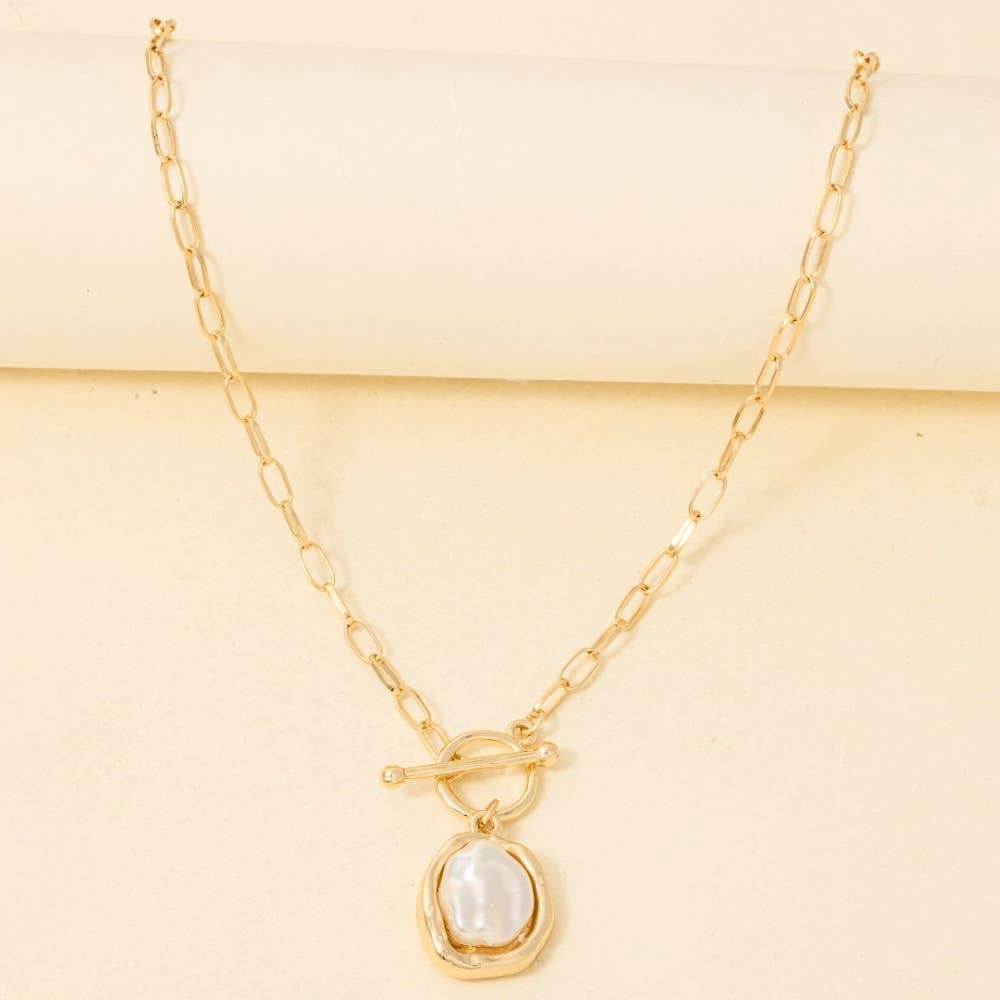 Gold Pearl Pendant Dainty Toggle Chain Necklace