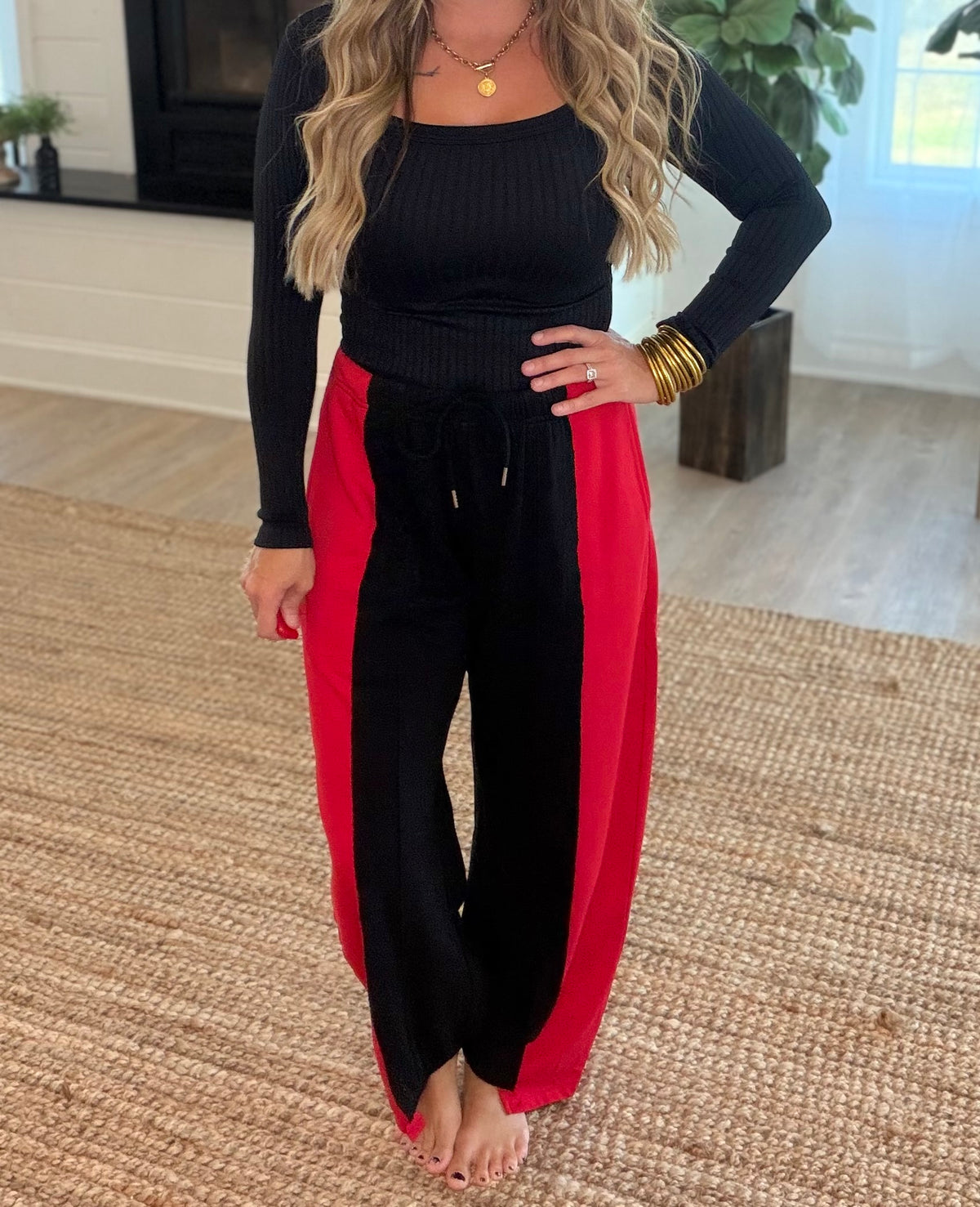 Red and Black Two Tone Spliced Barrel Leg Jogger Pants