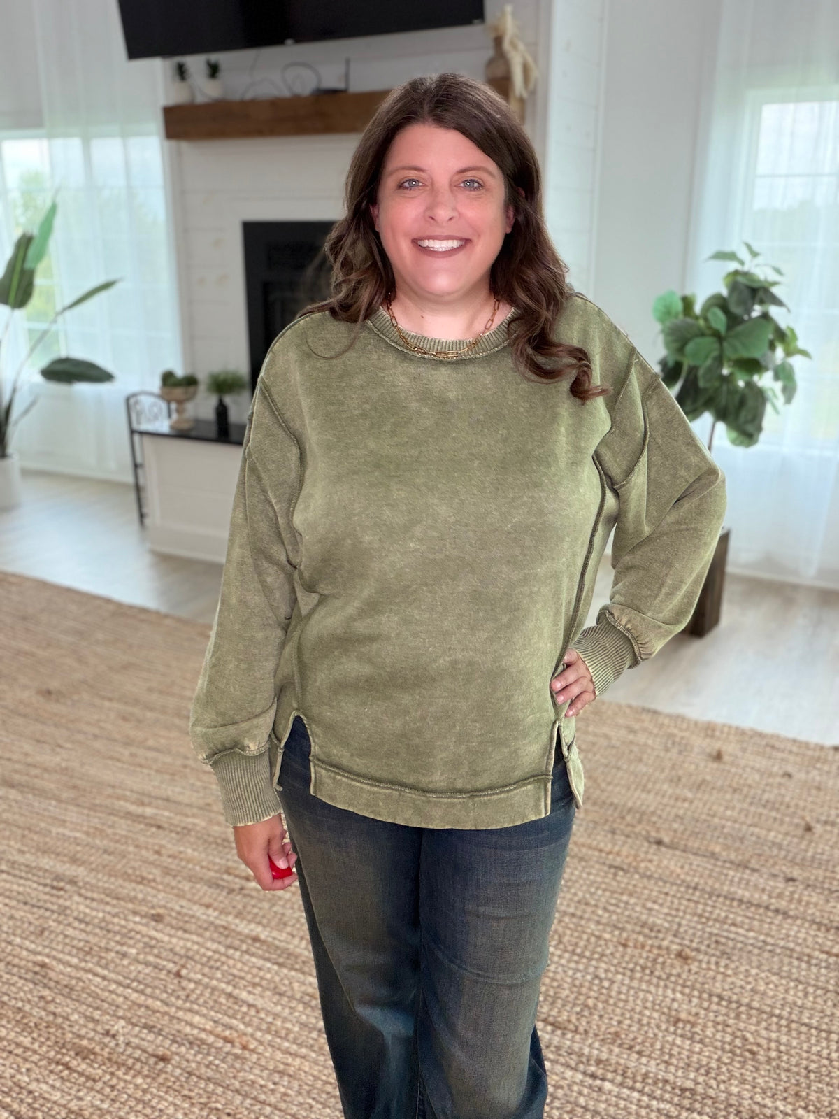 Light Olive Acid Wash Exposed-Seam Fleece Sweatshirt