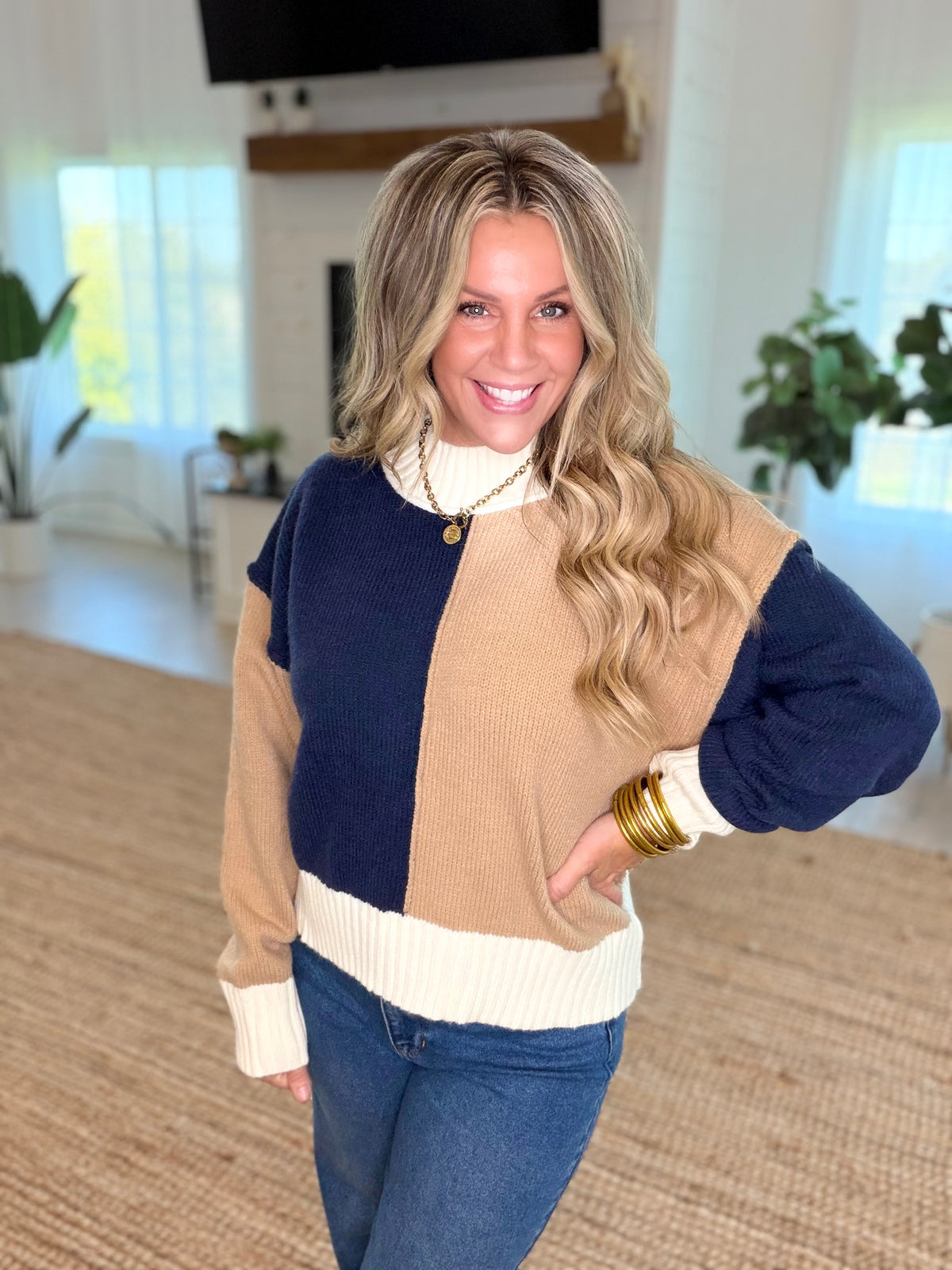 Navy Color Block Mock Neck Sweater