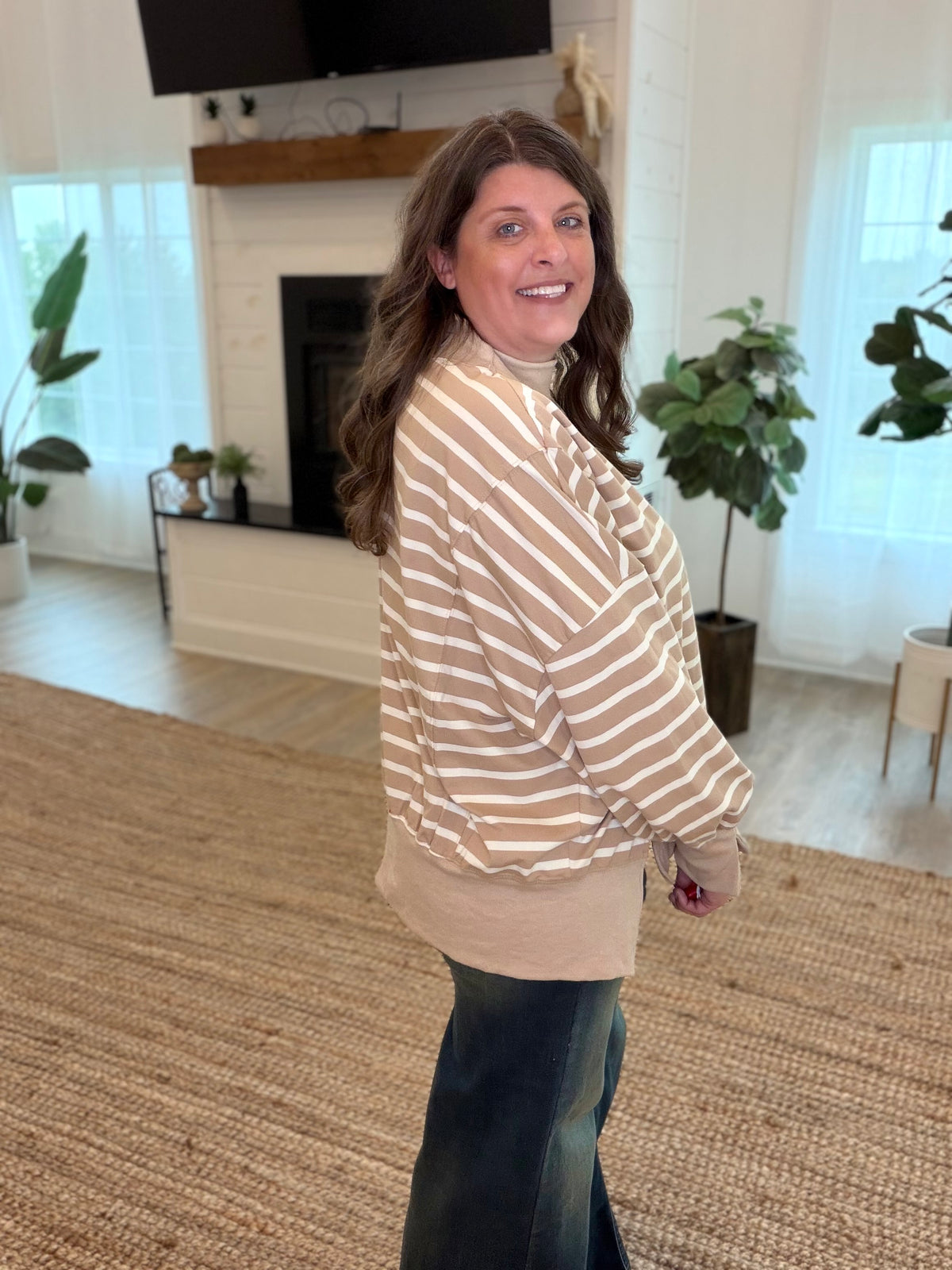 Taupe and Cream Striped Mock Neck Top