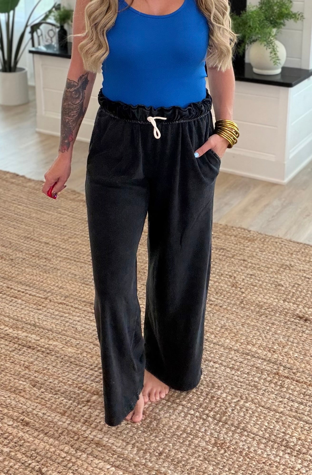Black Fold Over Waist Wide Leg Sweatpants