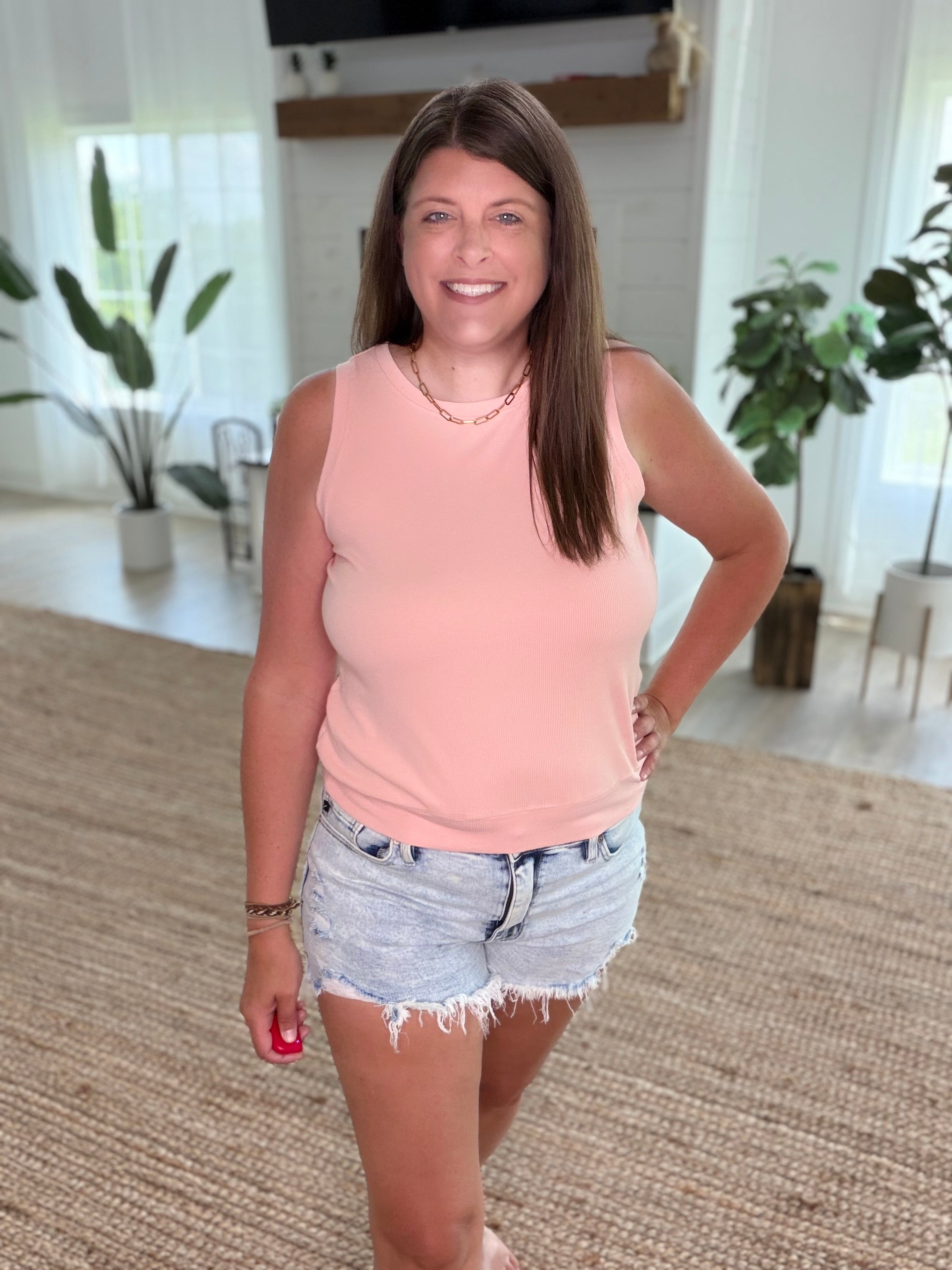 Peach Ribbed Viscose Crew Neck Loose Fit Tank
