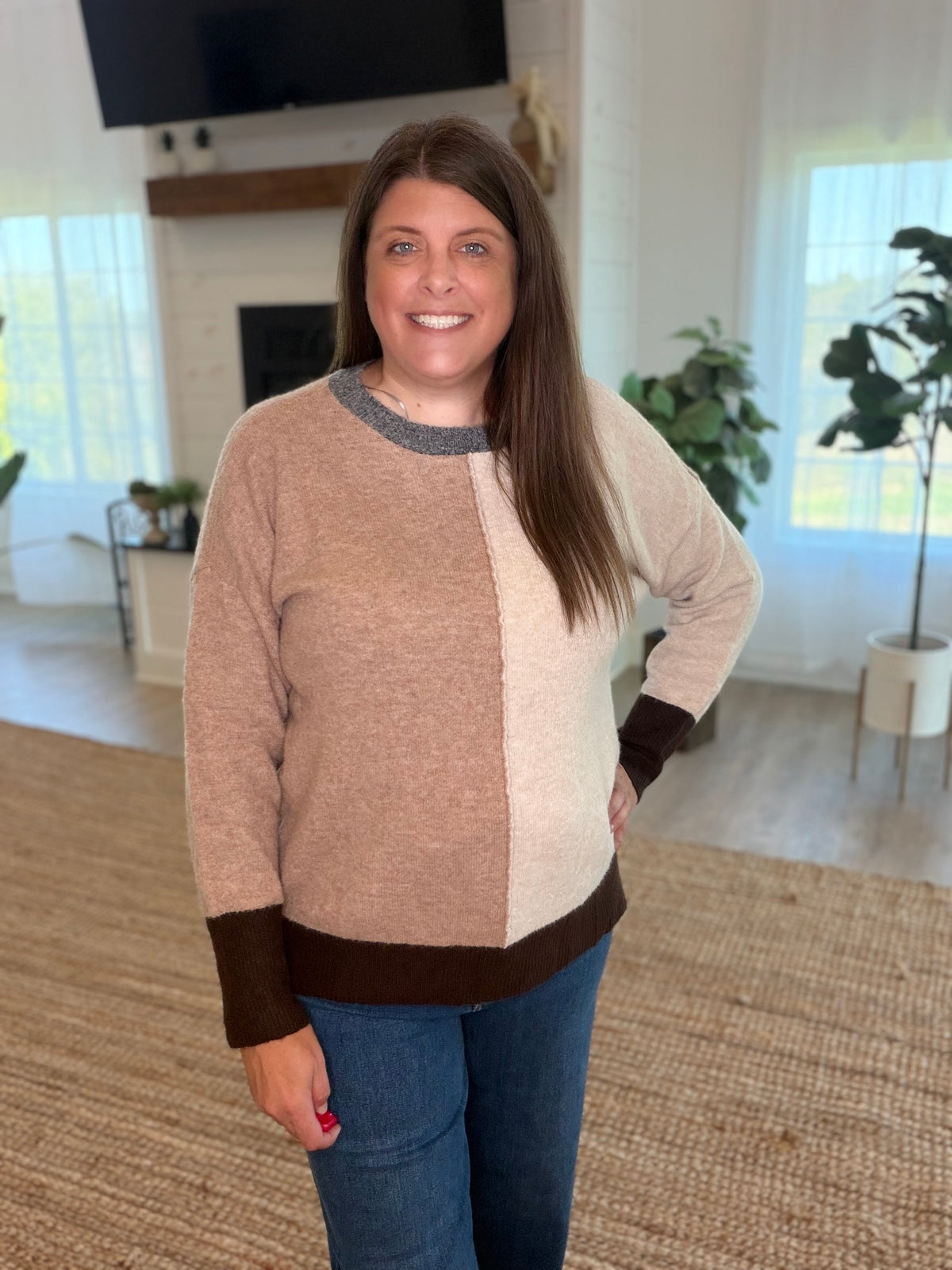 Brown Colorblock Crew Neck Sweater
