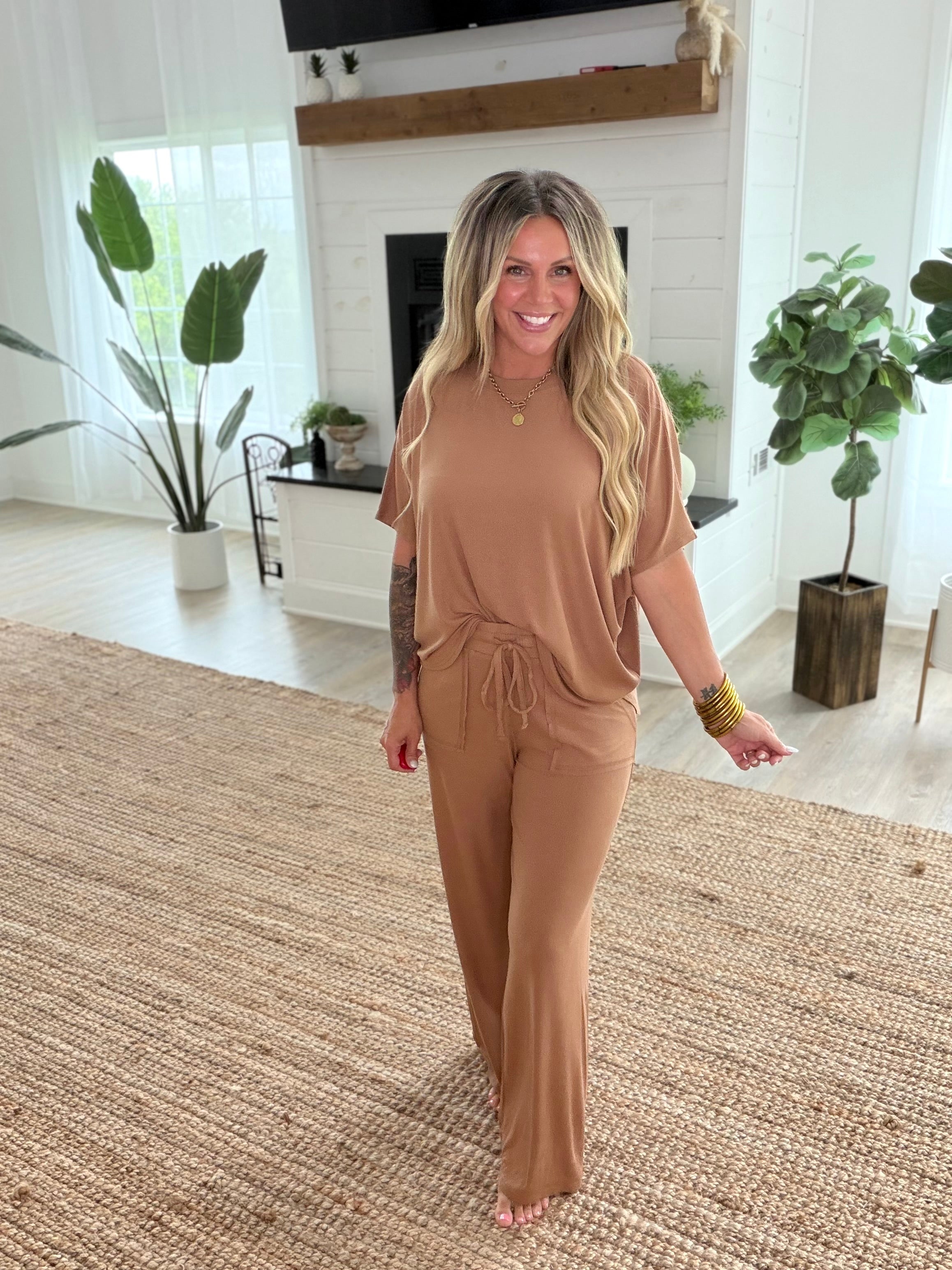 Deep Camel Ribbed Rayon Relaxed Fit Top & Pants Set