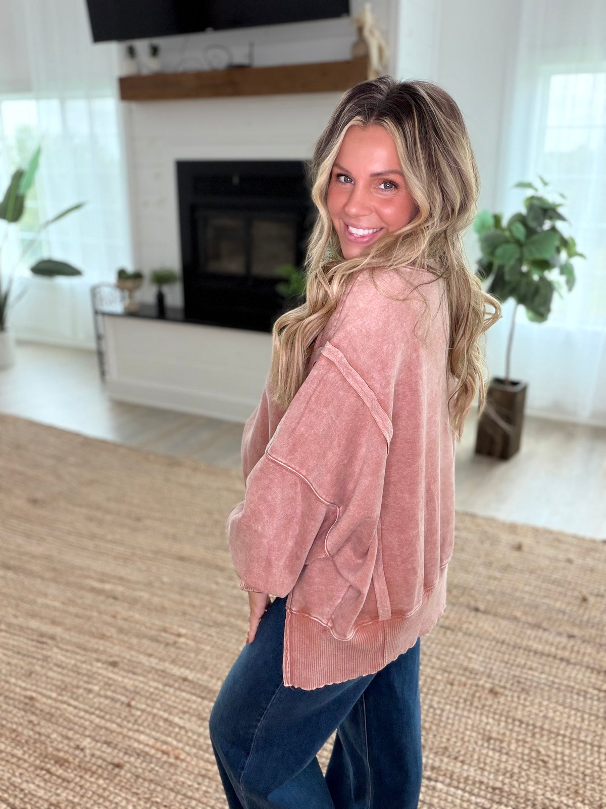 Rust Acid Washed Batwing Sleeve Hi-Low Fleece Sweatshirt