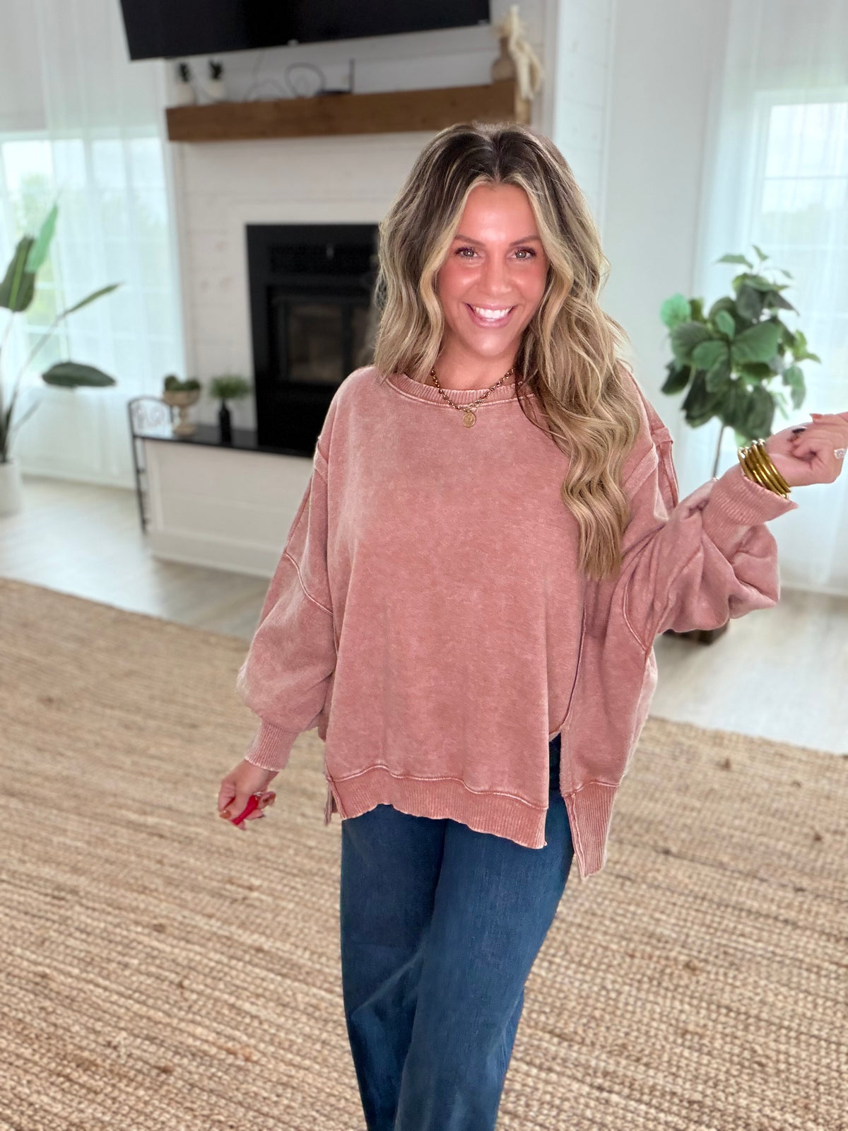 Rust Acid Washed Batwing Sleeve Hi-Low Fleece Sweatshirt