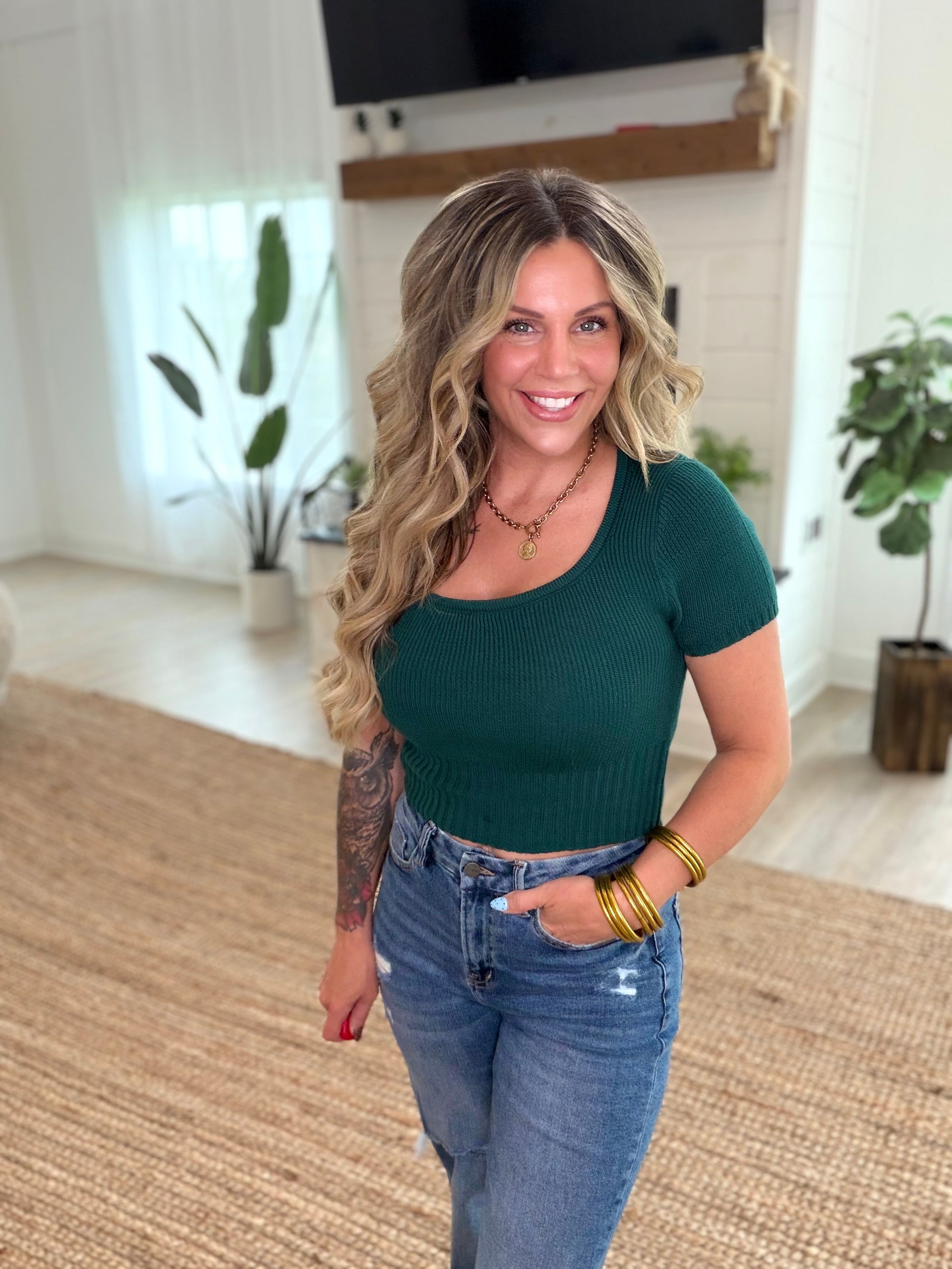 Pine Green Scoop Neck Short Sleeve Knit Top
