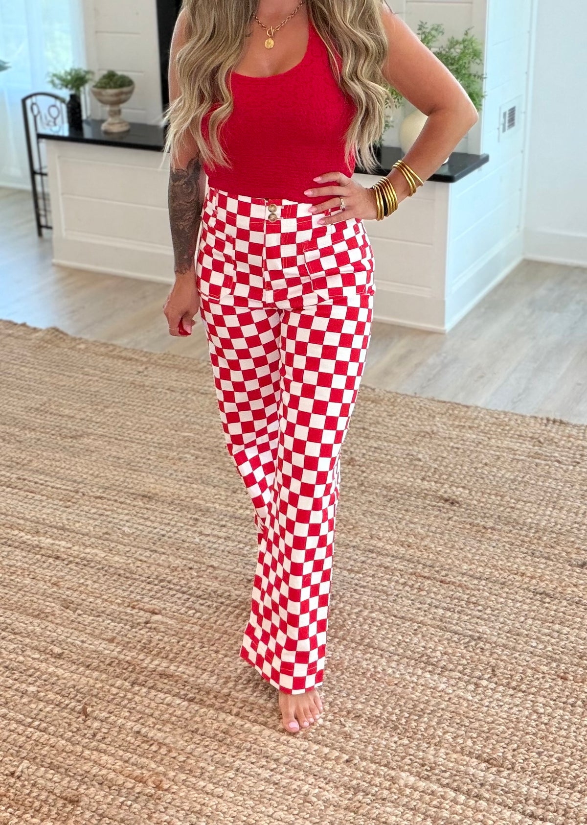 Red Checkered Denim Pants w/ Elastic Band