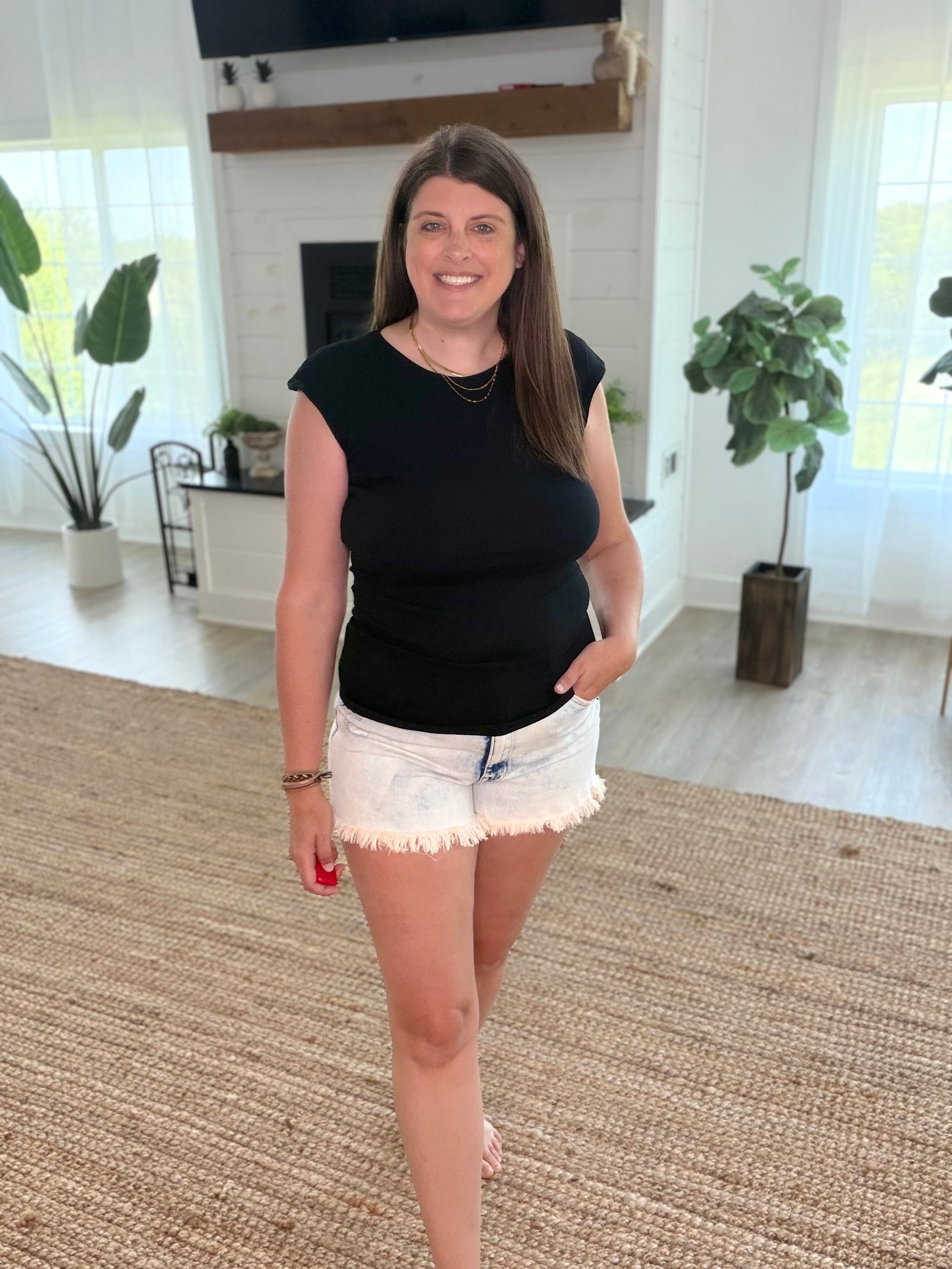 Black Cap Sleeve Side Pleated Top