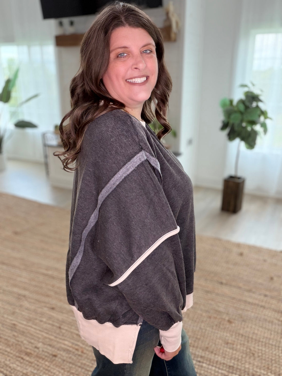 Black Fleece Acid Washed Contrast Trim Balloon Sleeve Sweatshirt
