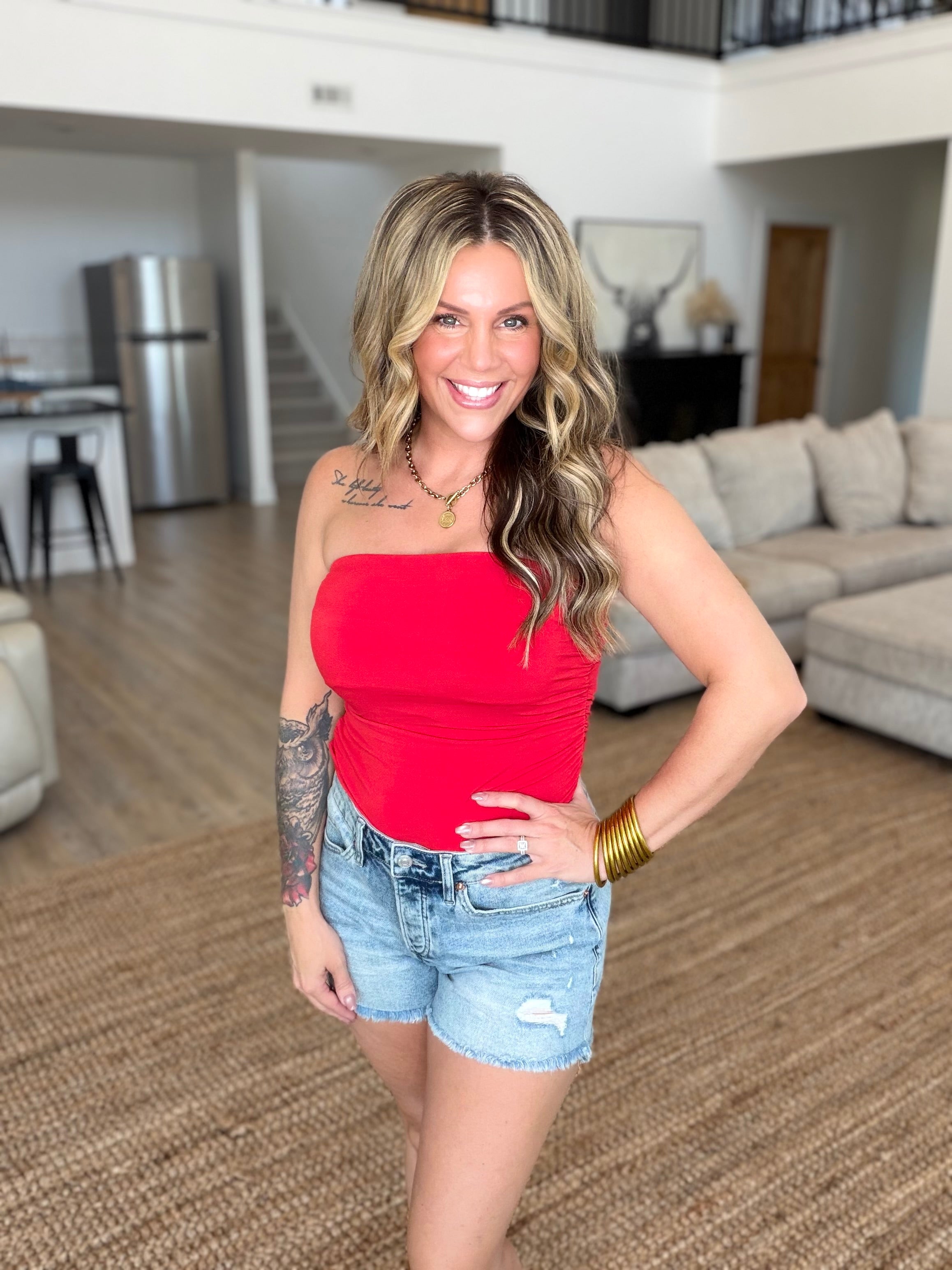 Red Ruched Bandeau Top