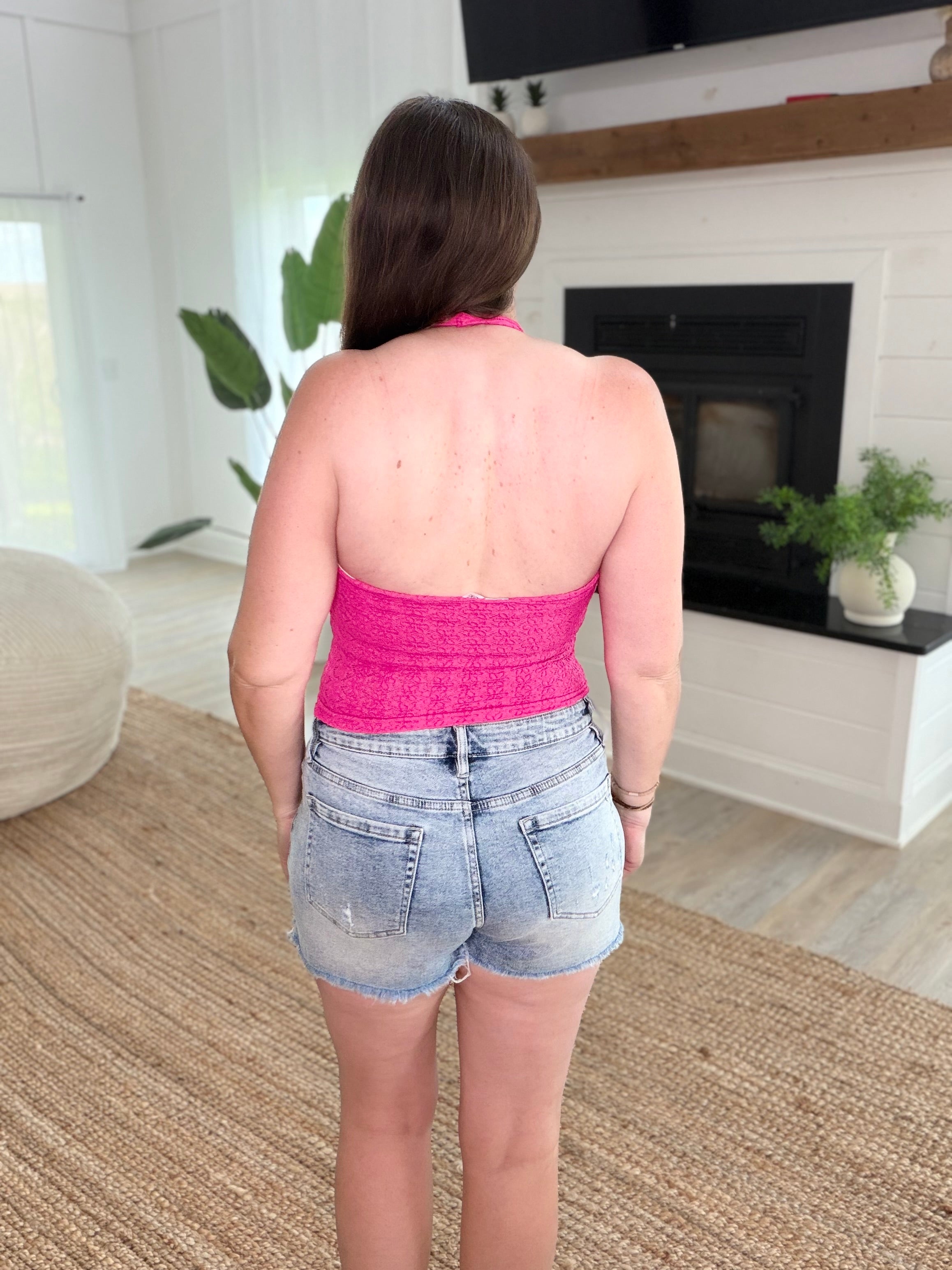 Nikibiki Aloha Fuchsia Floral Lace Halter Crop Top