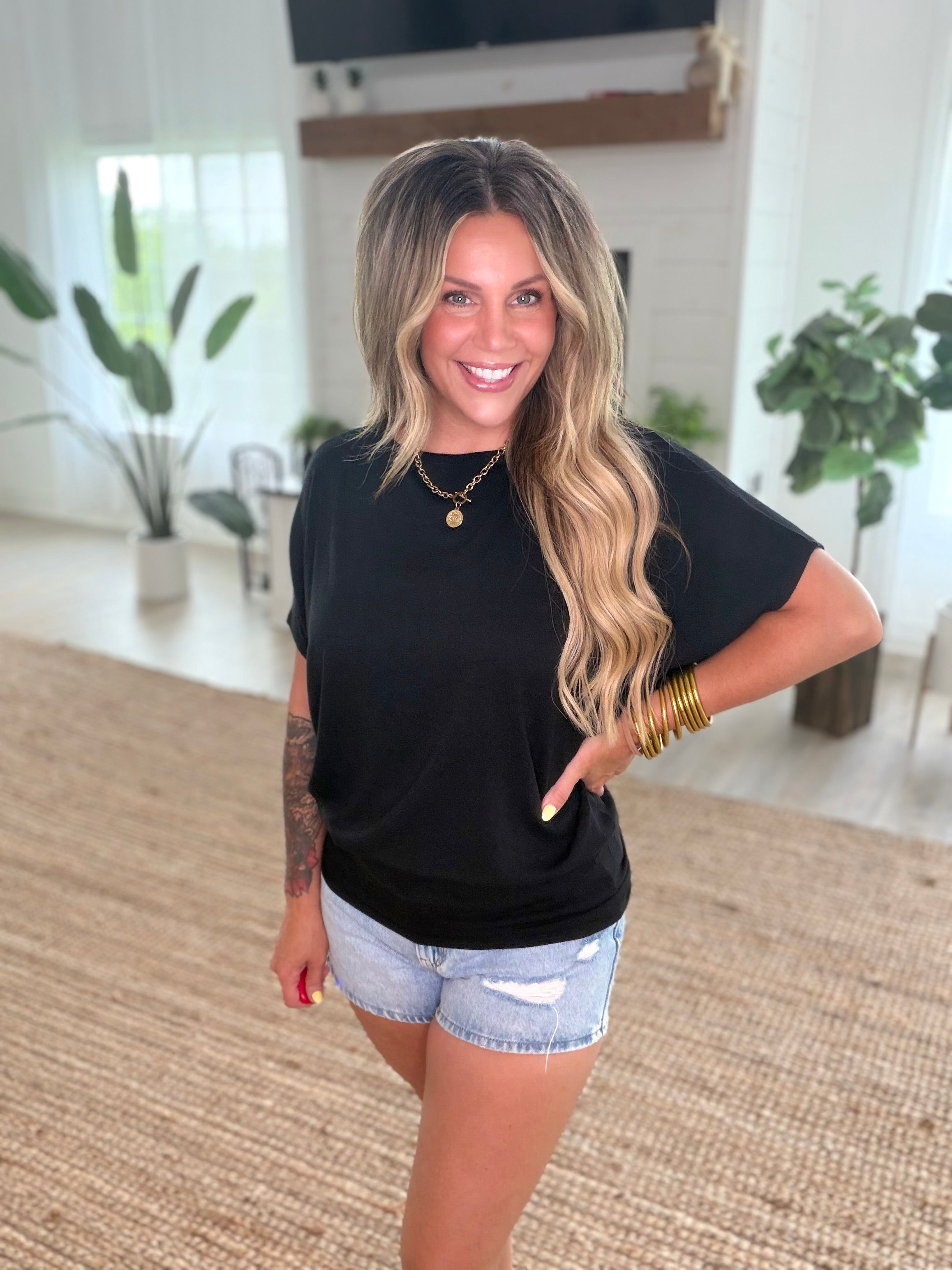 Black Hacci Dolman Sleeve Boat Neck Top