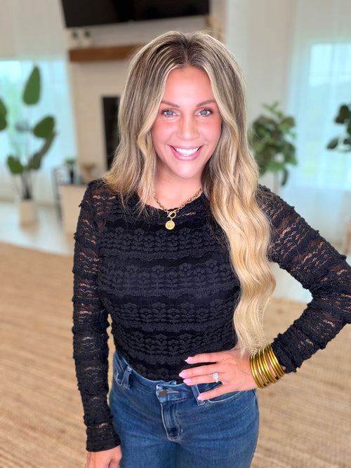 Black Ruffle Detail Flower Lace Top