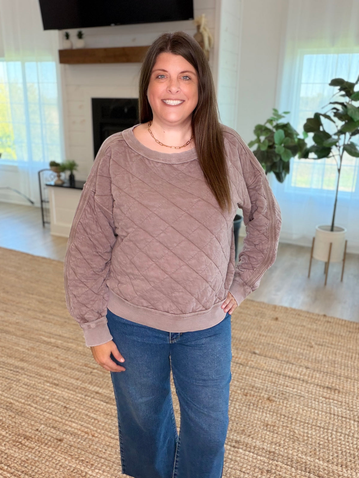 Mocha Mineral Washed Quilted Pullover