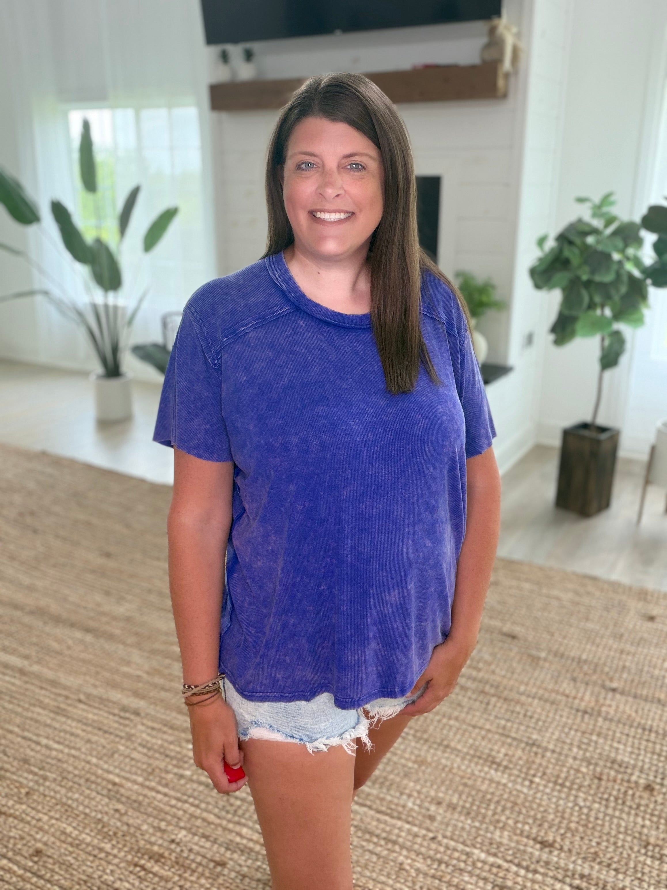 Purple Ribbed Short Sleeve Boat-Neck Top