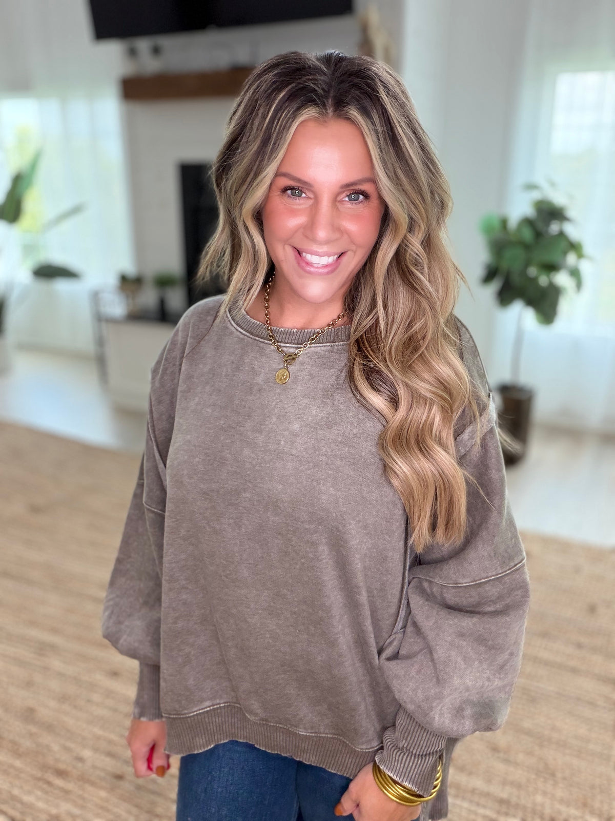 Dark Olive Acid Washed Batwing Sleeve Hi-Low Fleece Sweatshirt