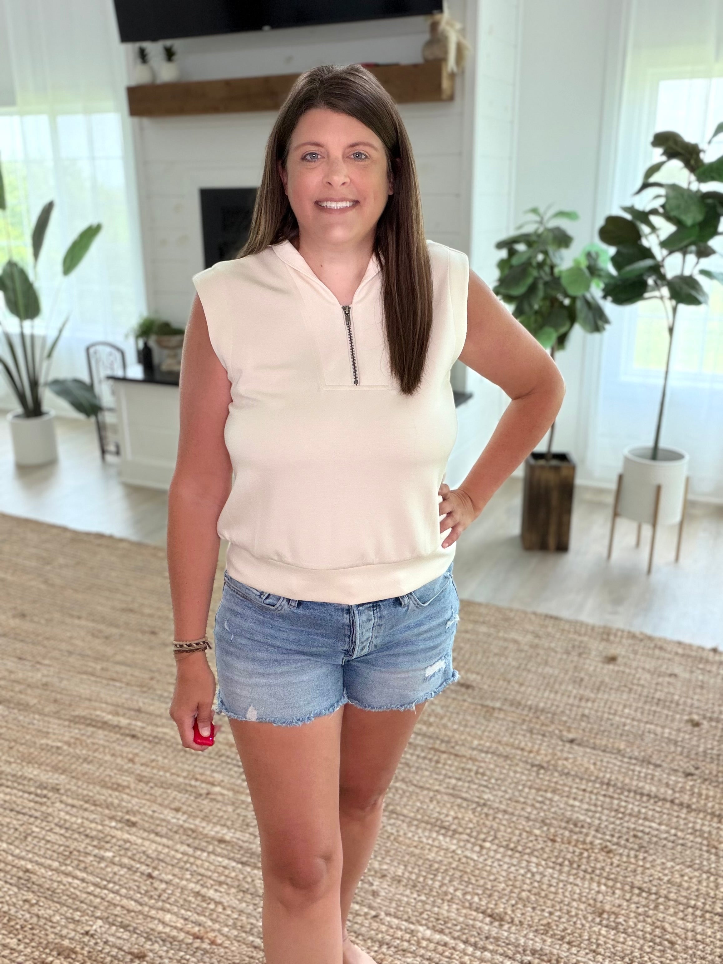 Ecru Brushed Modal Half Zip Sleeveless Top