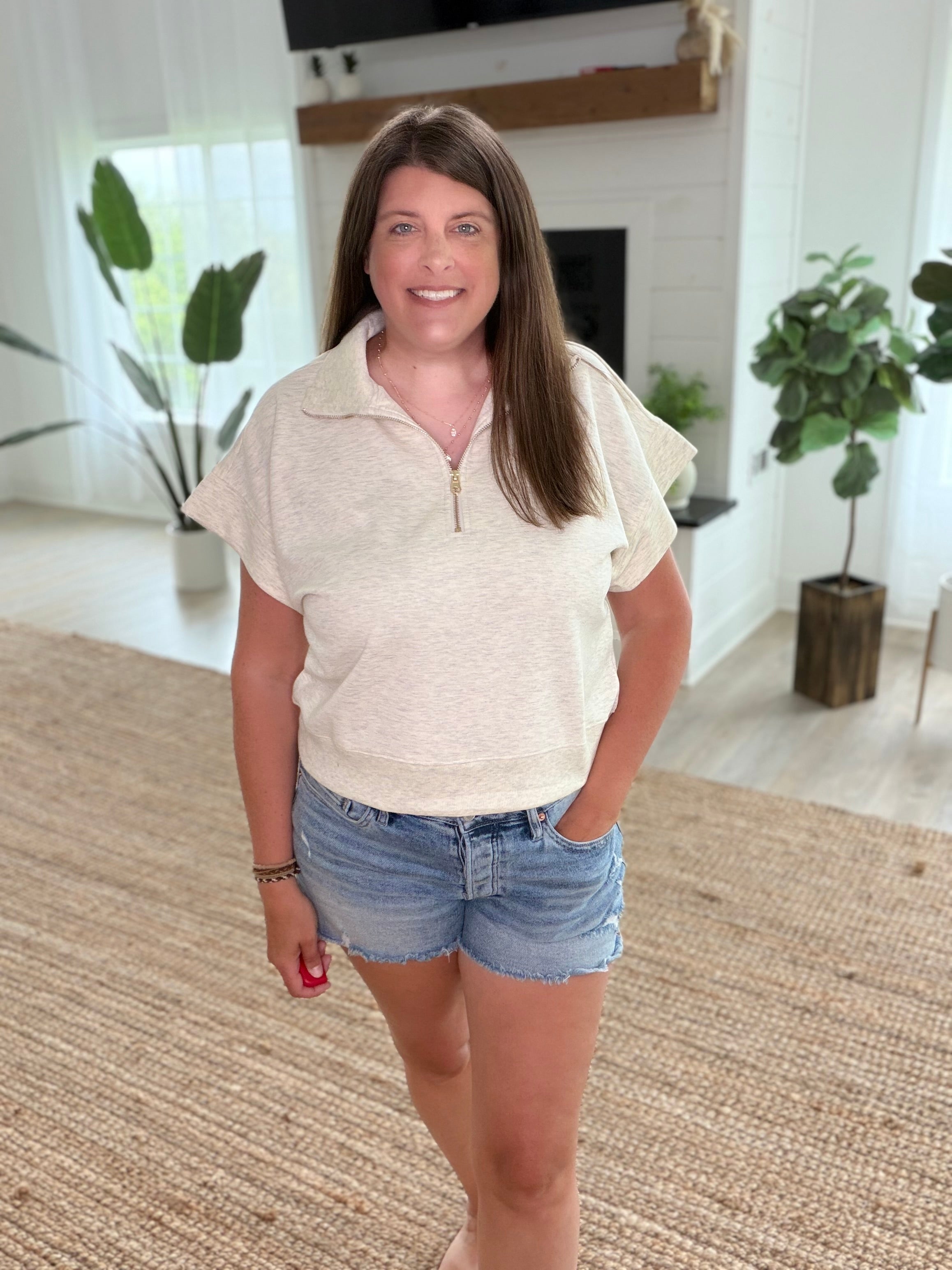 Heather Vanilla Scuba High Neck Half Zip Short Sleeve Pullover