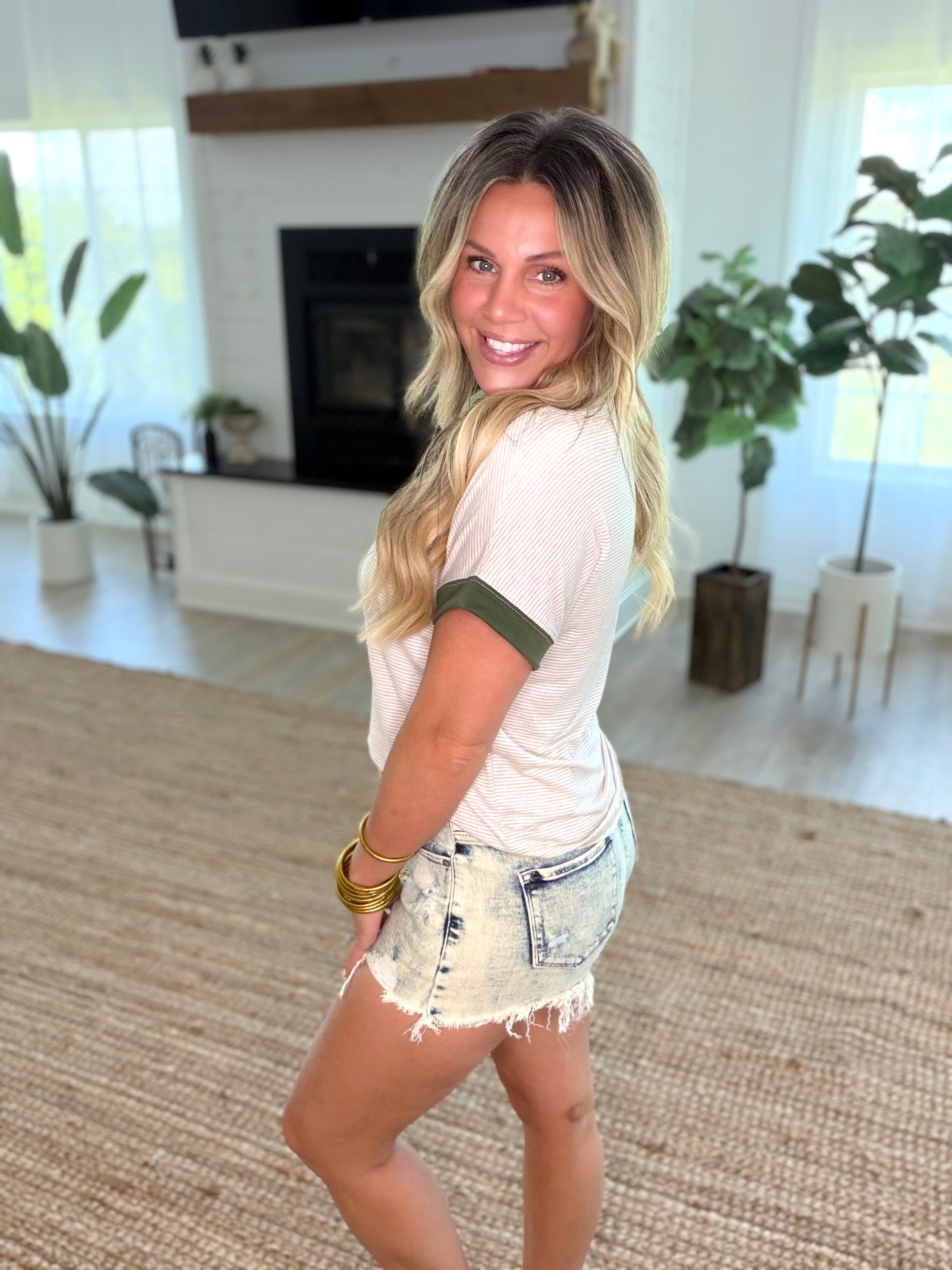 Oatmeal Ivory Striped Tee with Olive Trim