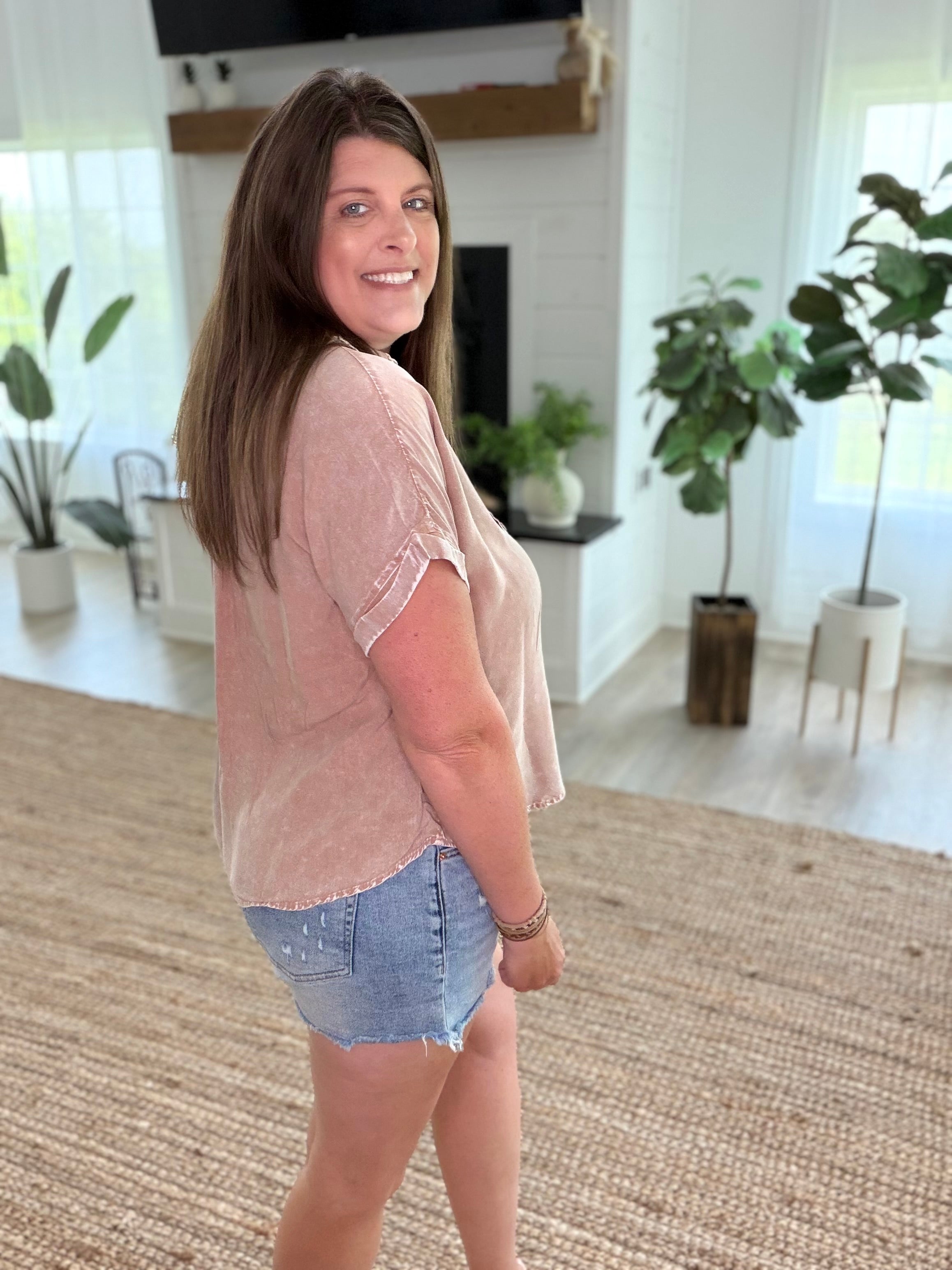 Dark Taupe Mineral Wash Button-Up Dolman Sleeve Shirt
