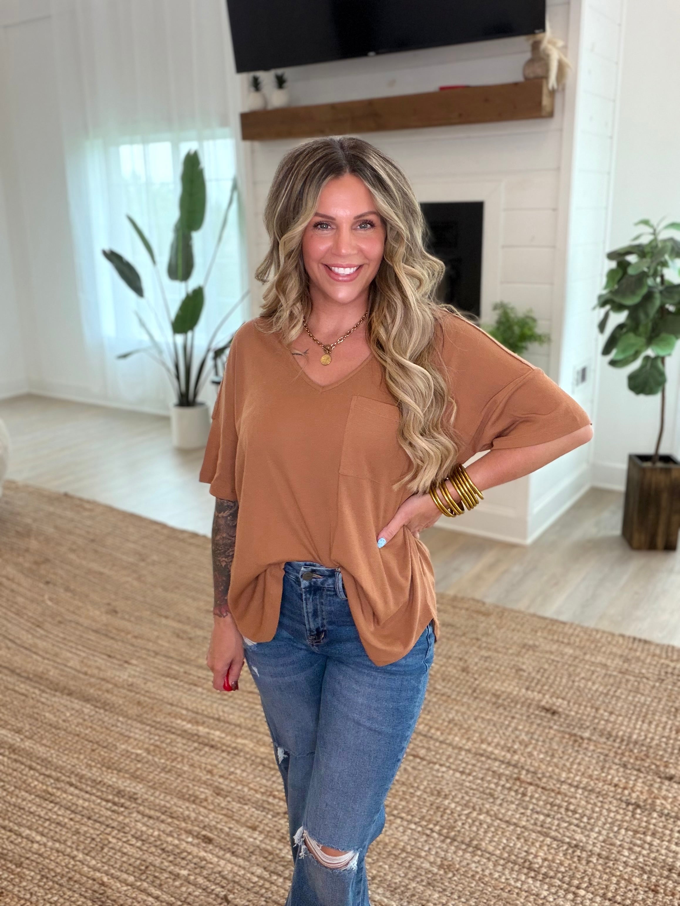 Honey Brown Oversized V-Neck Top