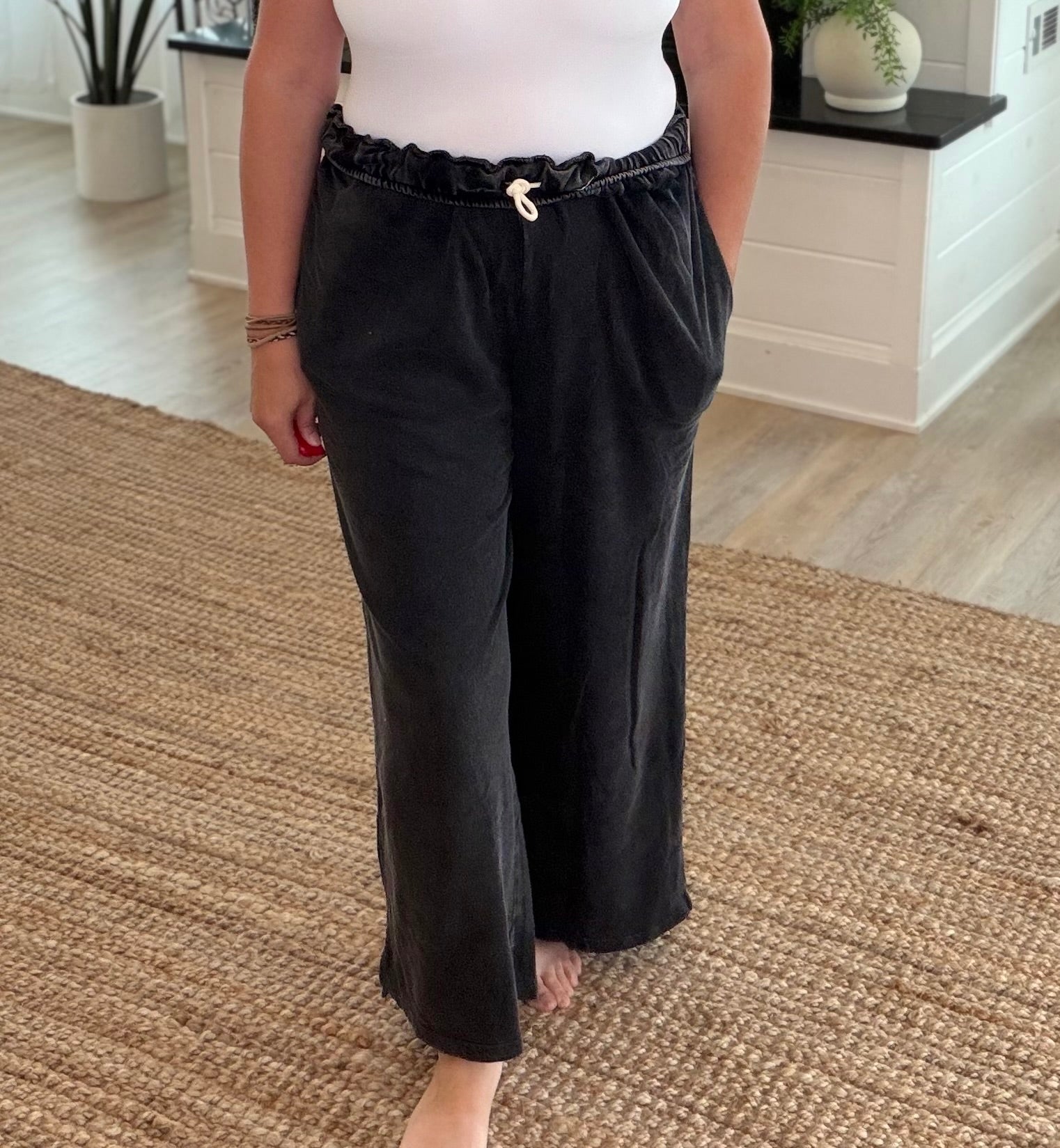Black Fold Over Waist Wide Leg Sweatpants