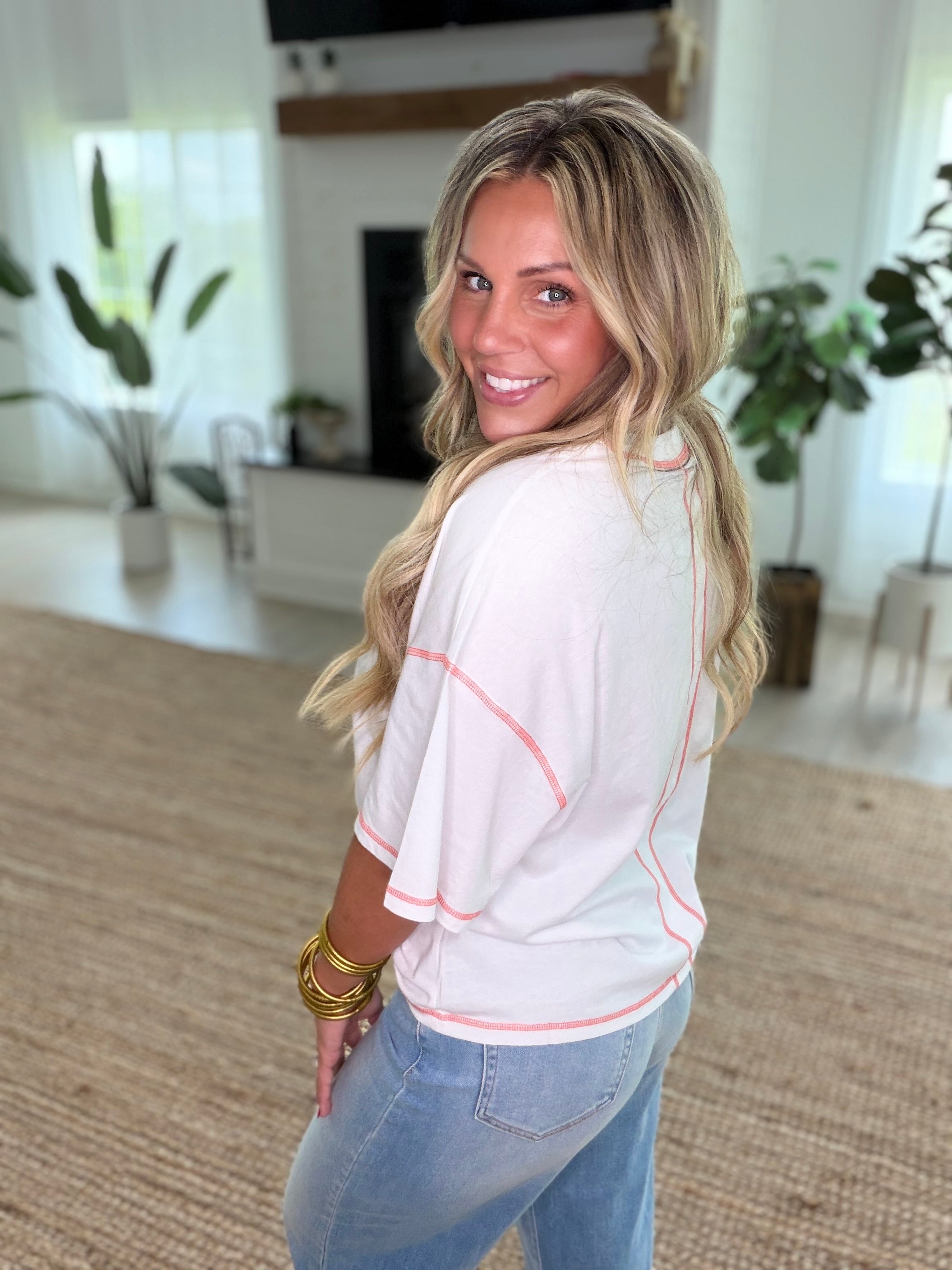 White Soft Cotton Relaxed V-Neck Top With Coral Stitch Detail