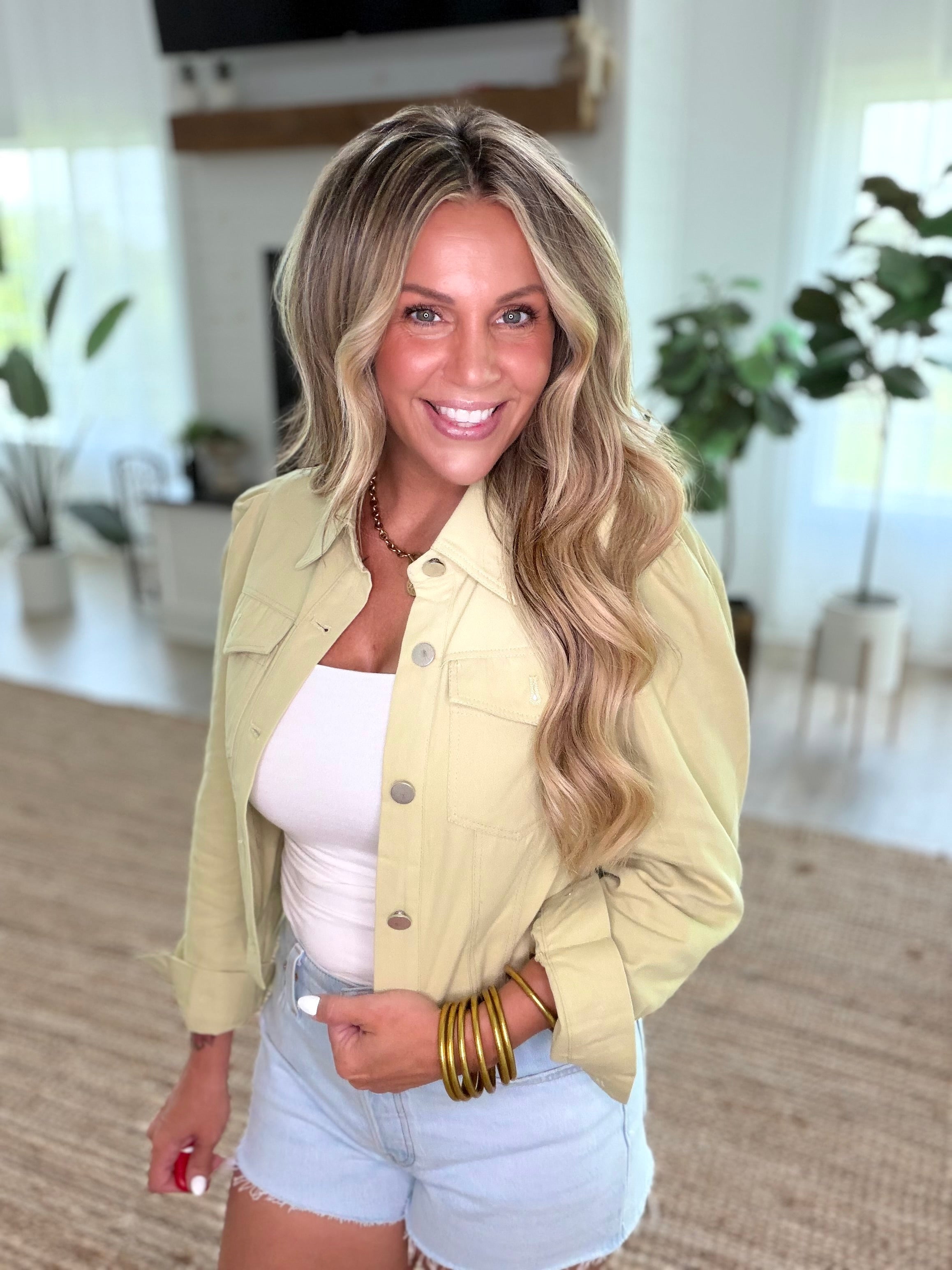 Light Sage Lightweight Twill Puff-Sleeve Cropped Jacket