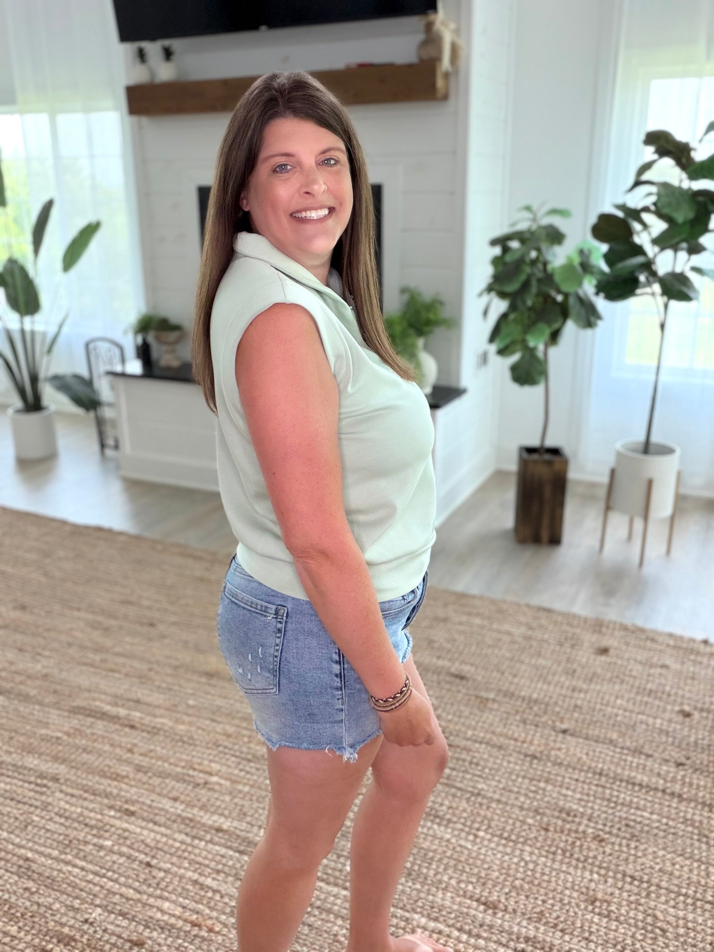 Sage Brushed Modal Half Zip Sleeveless Top