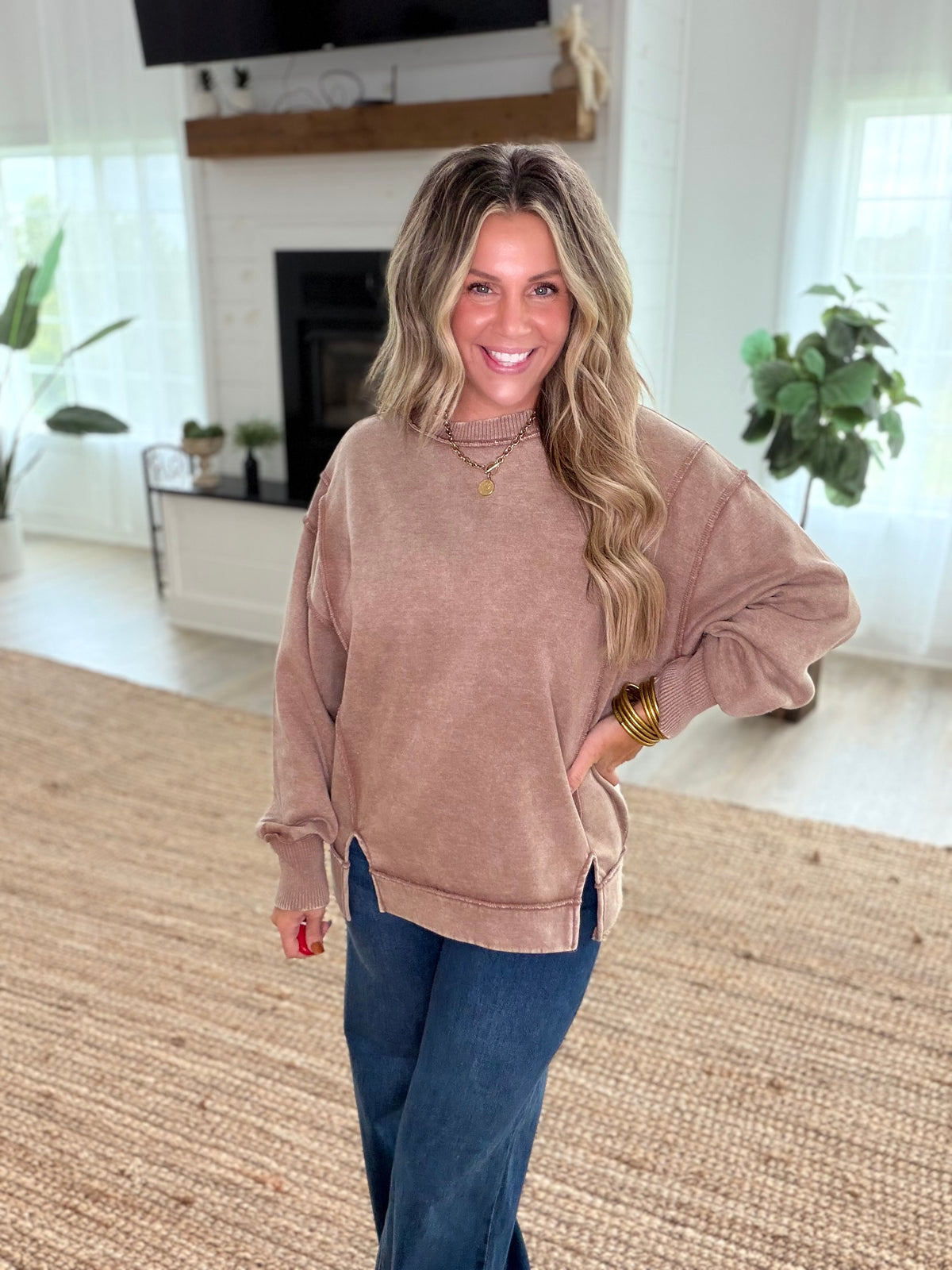 Mocha Fudge Acid Wash Exposed-Seam Fleece Sweatshirt