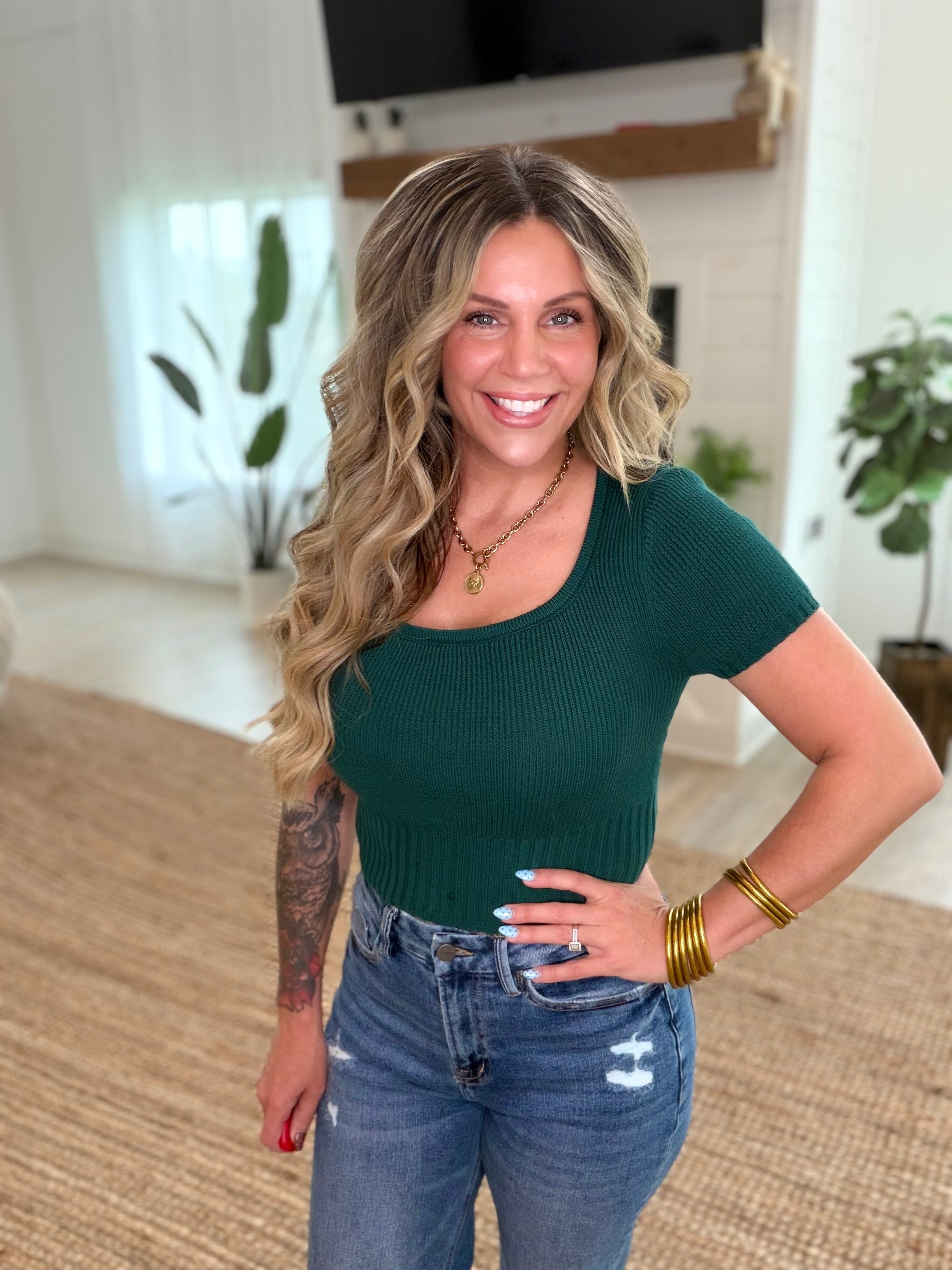 Pine Green Scoop Neck Short Sleeve Knit Top