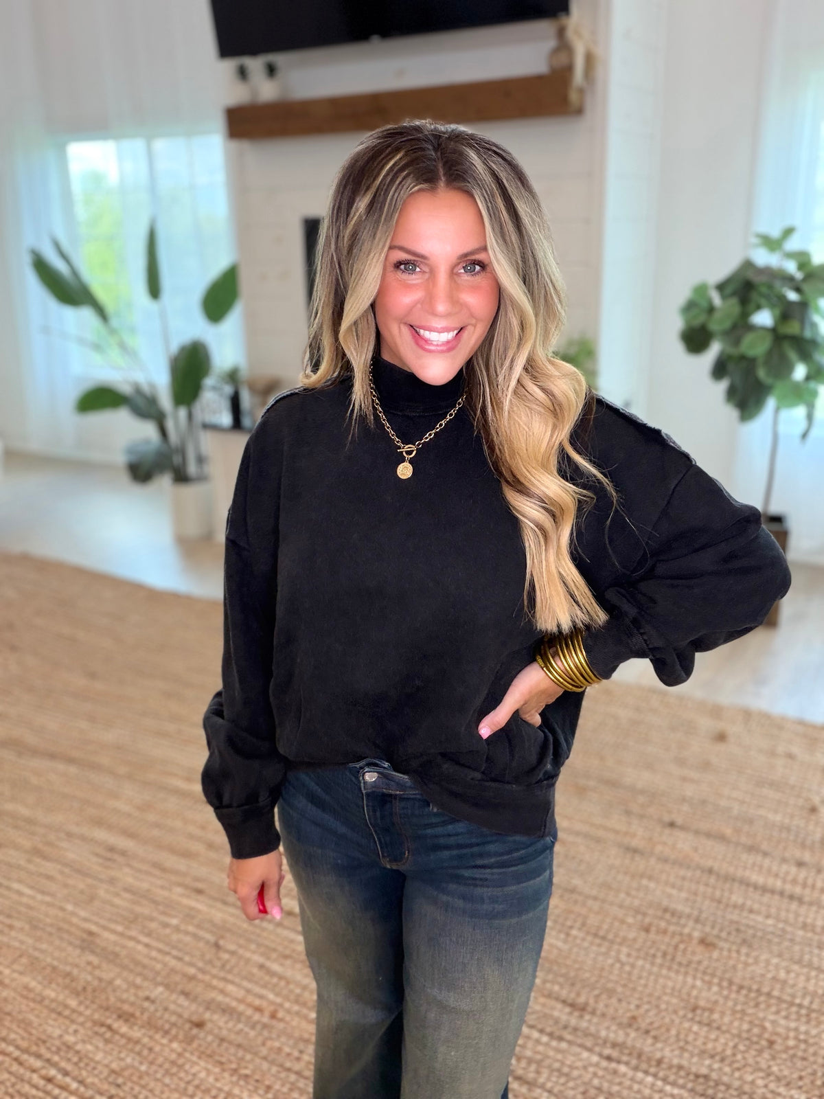 Black Acid Washed Mock Neck Sweatshirt