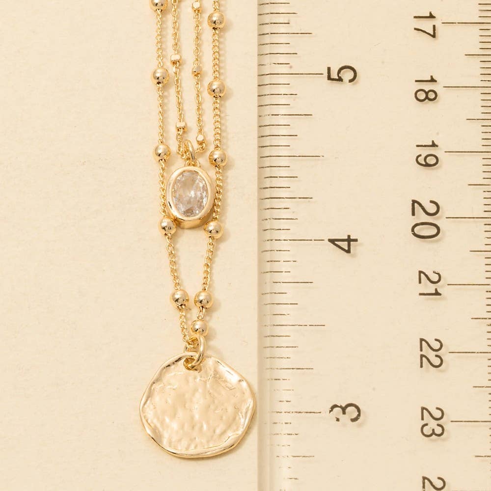 Gold Coin And Oval Cz Charm Layered Chain Necklace