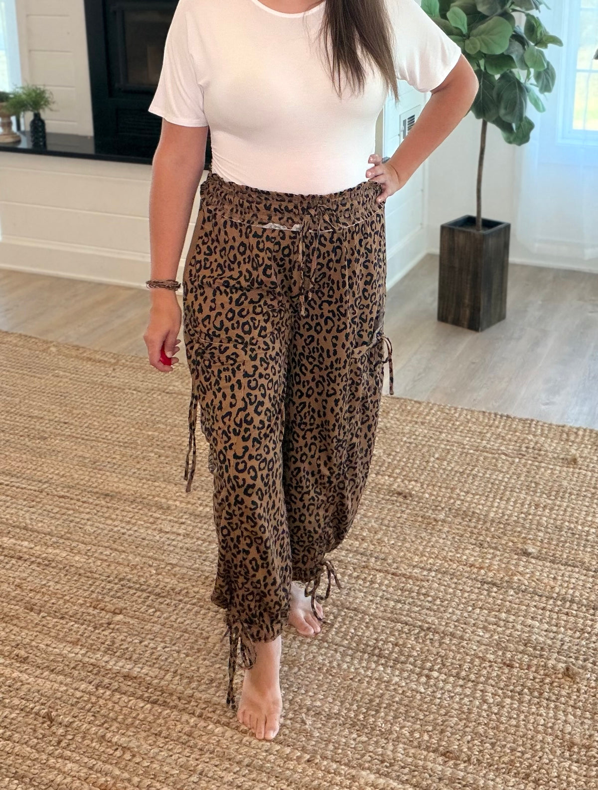 Leopard Print Ruched Balloon Cargo Pants