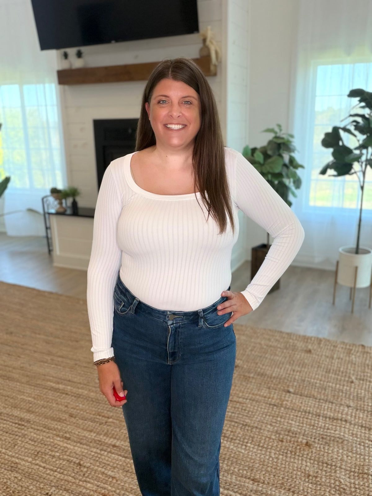 Nikibiki White Wide Ribbed Square Neck LS Top