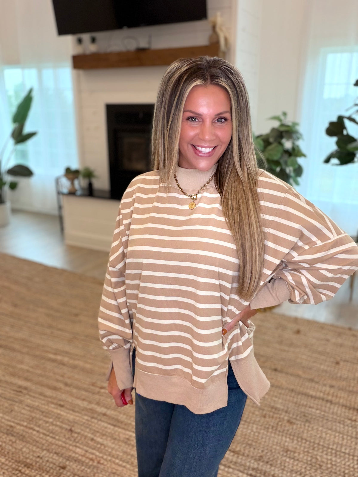Taupe and Cream Striped Mock Neck Top