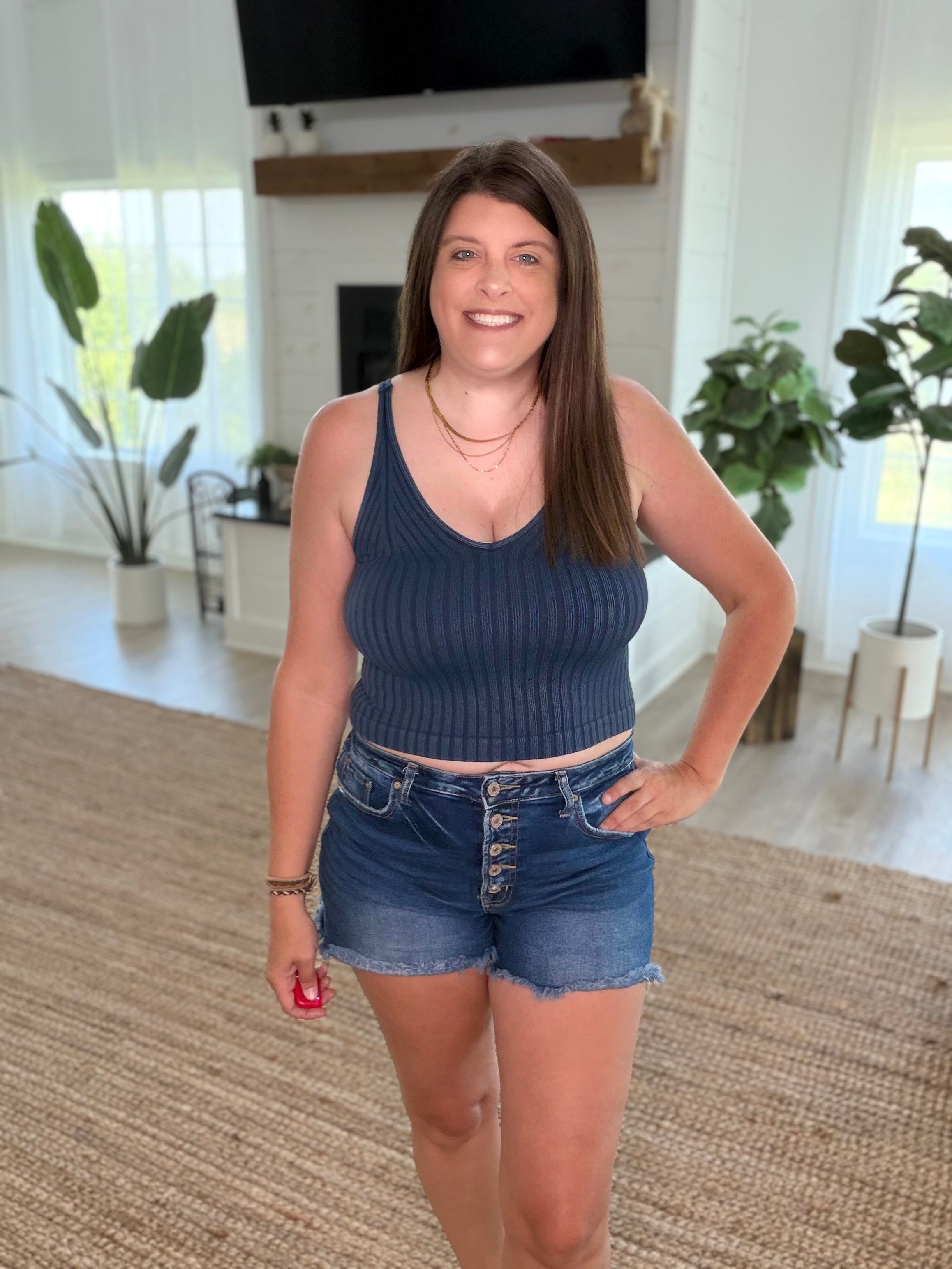 Nikibiki Vintage Denim Vintage Wide Ribbed V Neck Top