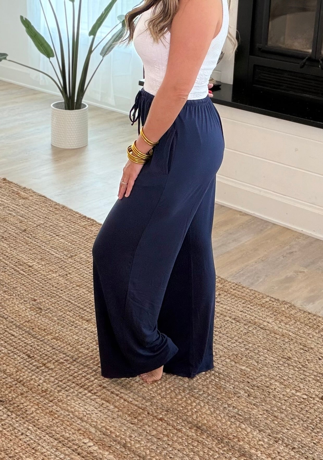 Navy Wide Leg Drawstring Pants